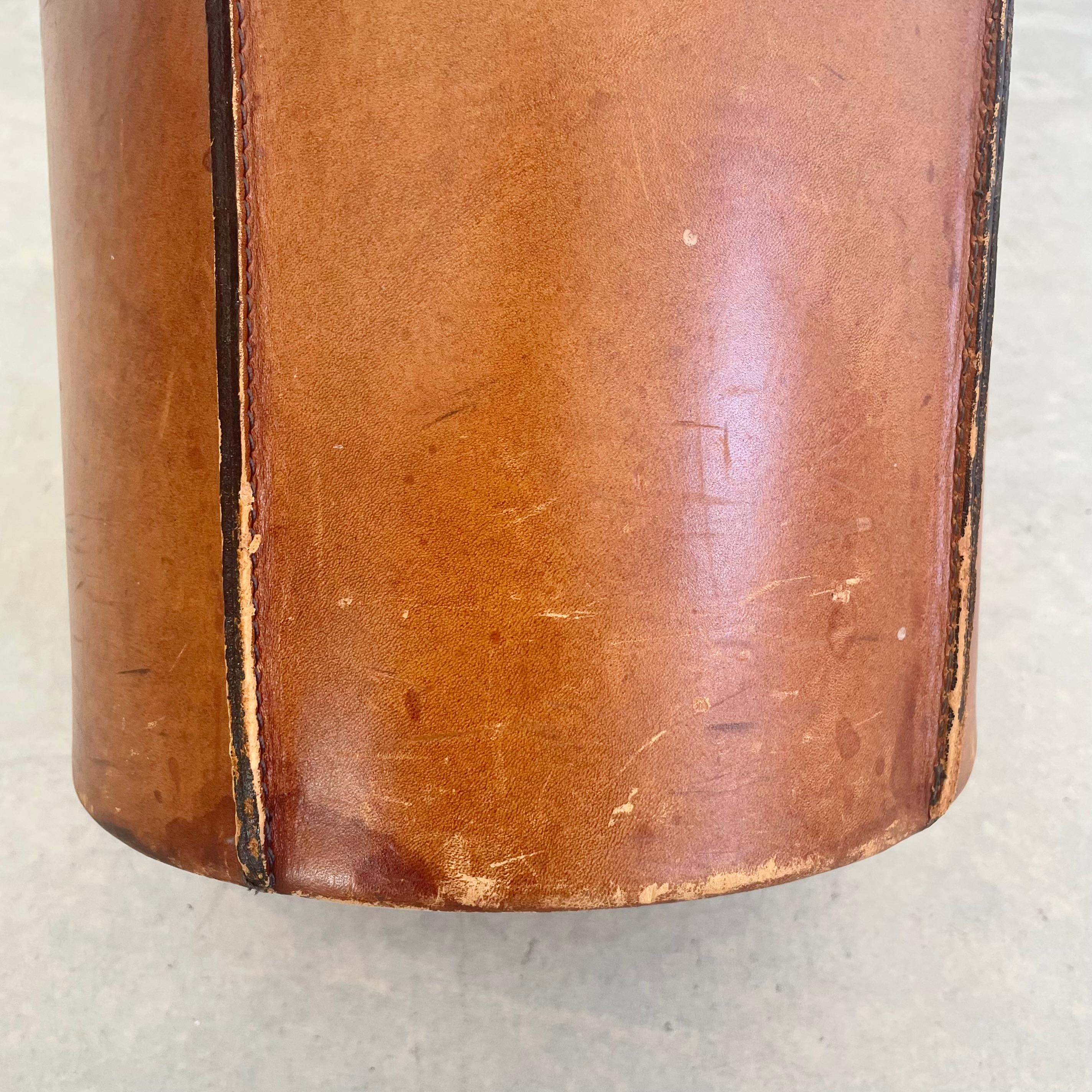 Adnet Style Saddle Leather Waste Basket, 1960s France In Good Condition In Los Angeles, CA