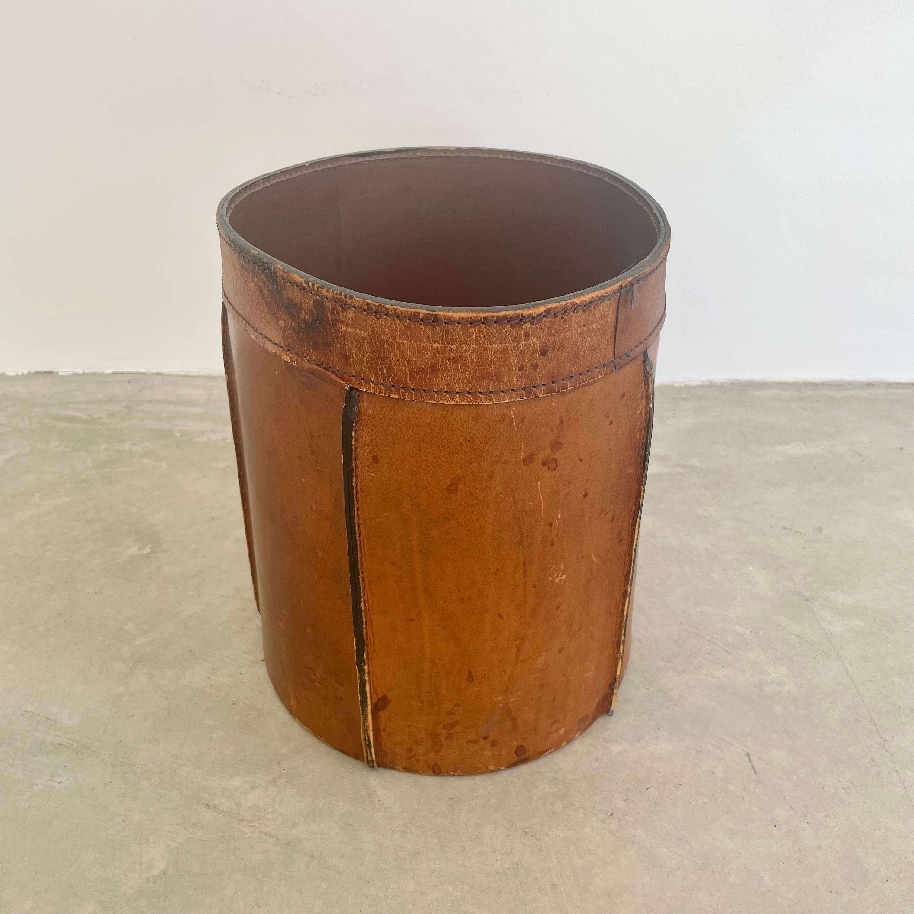 Mid-20th Century Adnet Style Saddle Leather Waste Basket, 1960s France