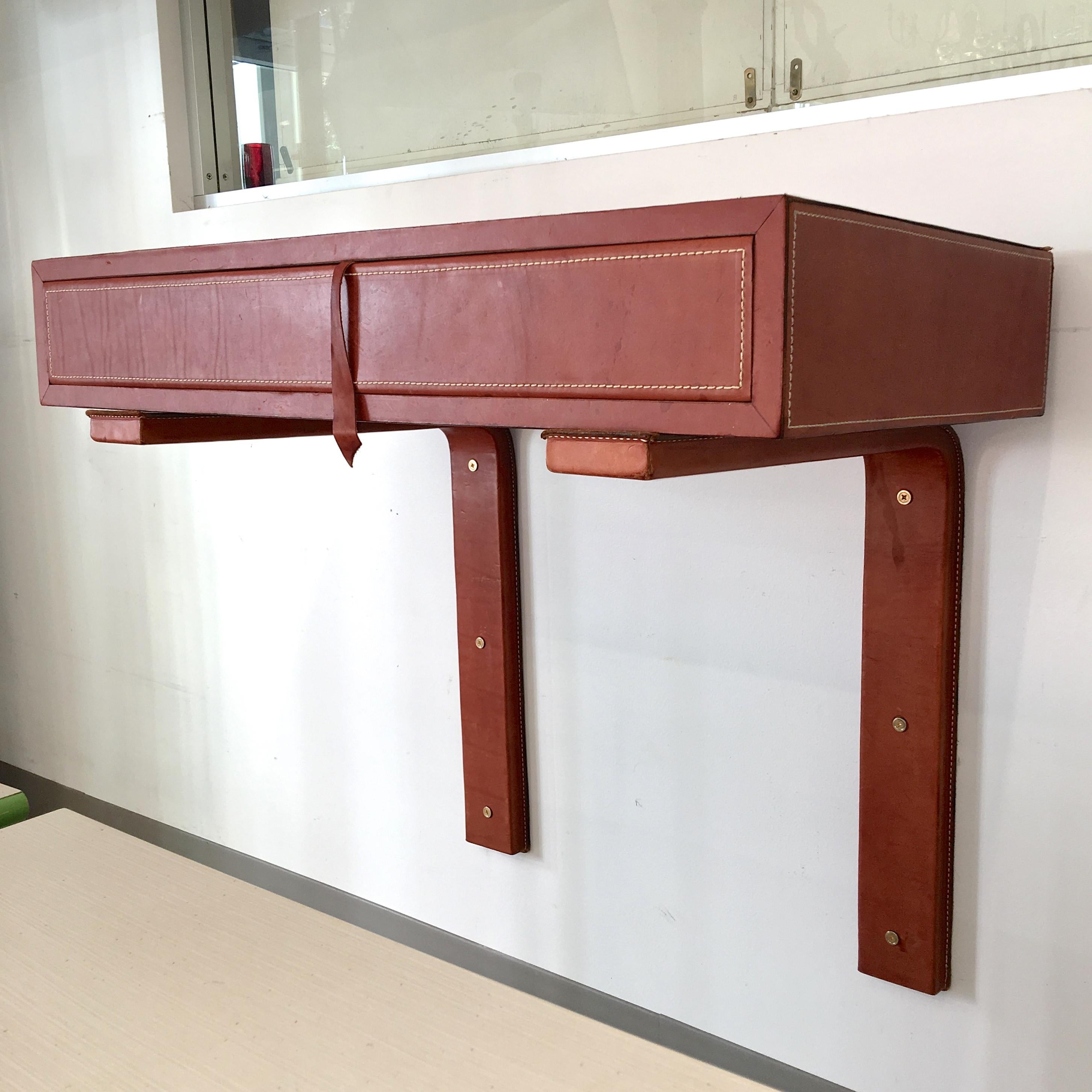Mid-Century Modern Adnet Style Saddle Stitched Leather Cantilevered Wall Console For Sale