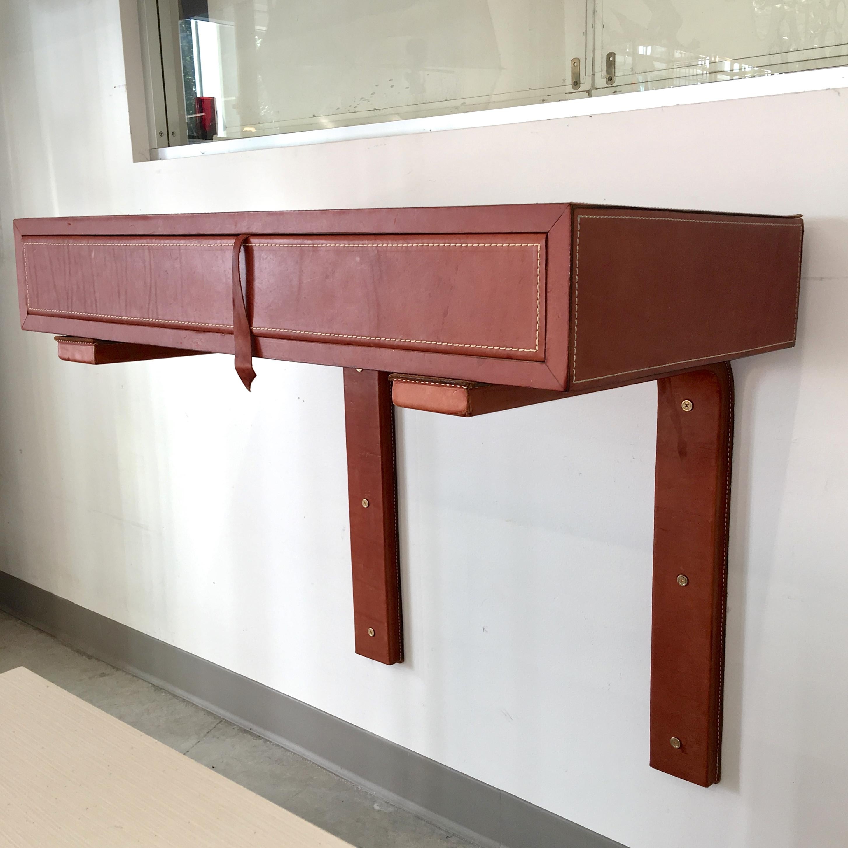 American Adnet Style Saddle Stitched Leather Cantilevered Wall Console For Sale