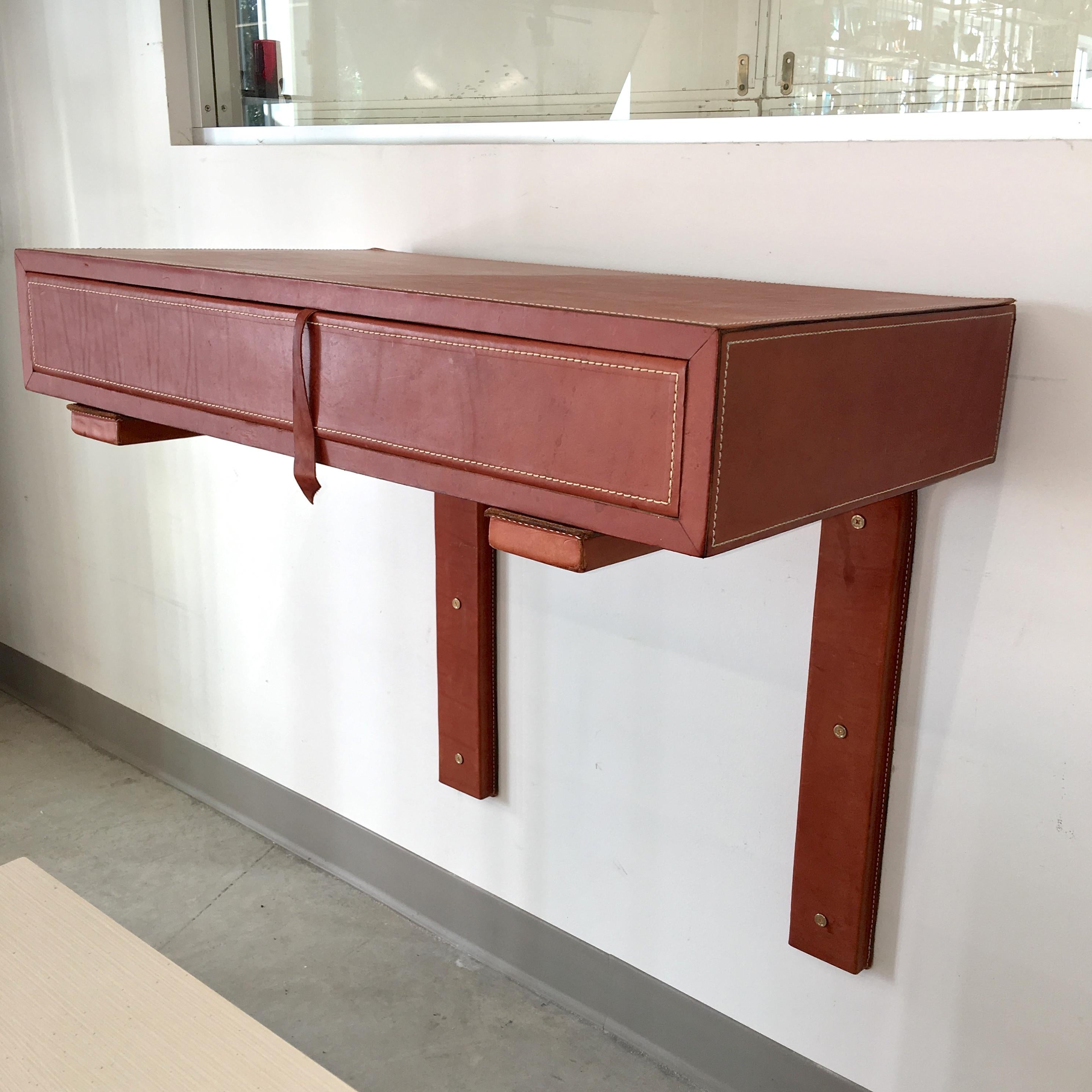 Adnet Style Saddle Stitched Leather Cantilevered Wall Console In Good Condition For Sale In Hanover, MA