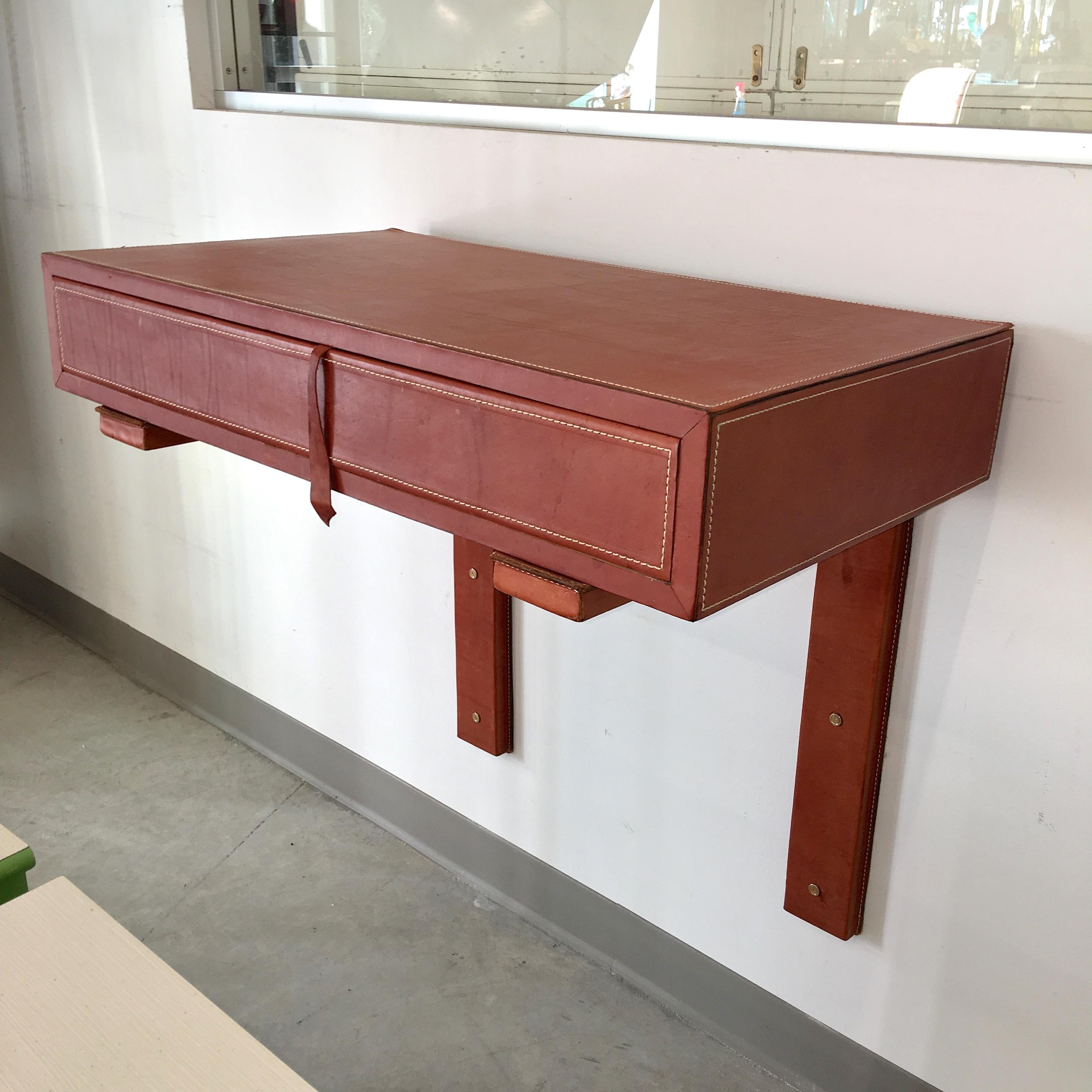 20th Century Adnet Style Saddle Stitched Leather Cantilevered Wall Console For Sale