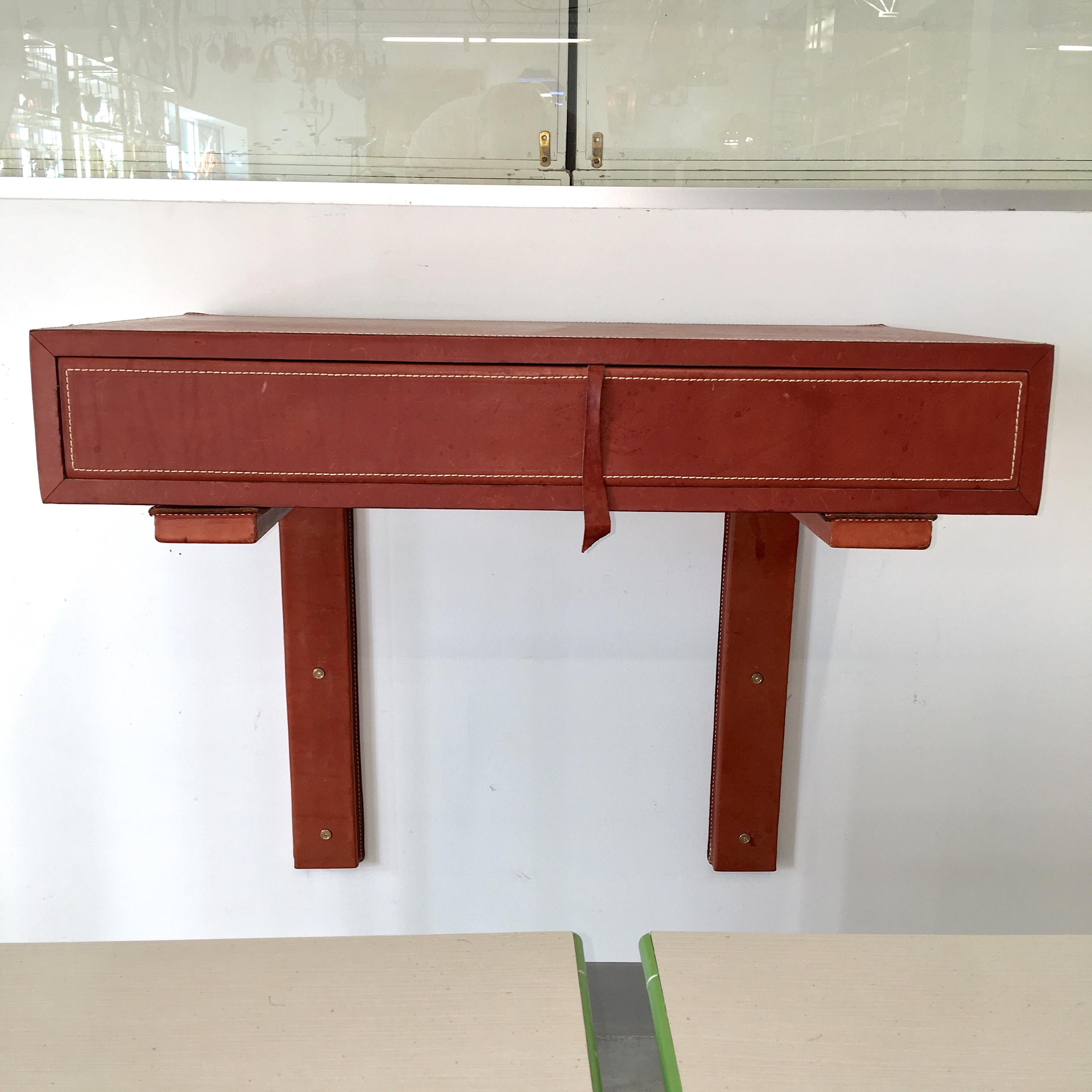 Adnet Style Saddle Stitched Leather Cantilevered Wall Console For Sale 2