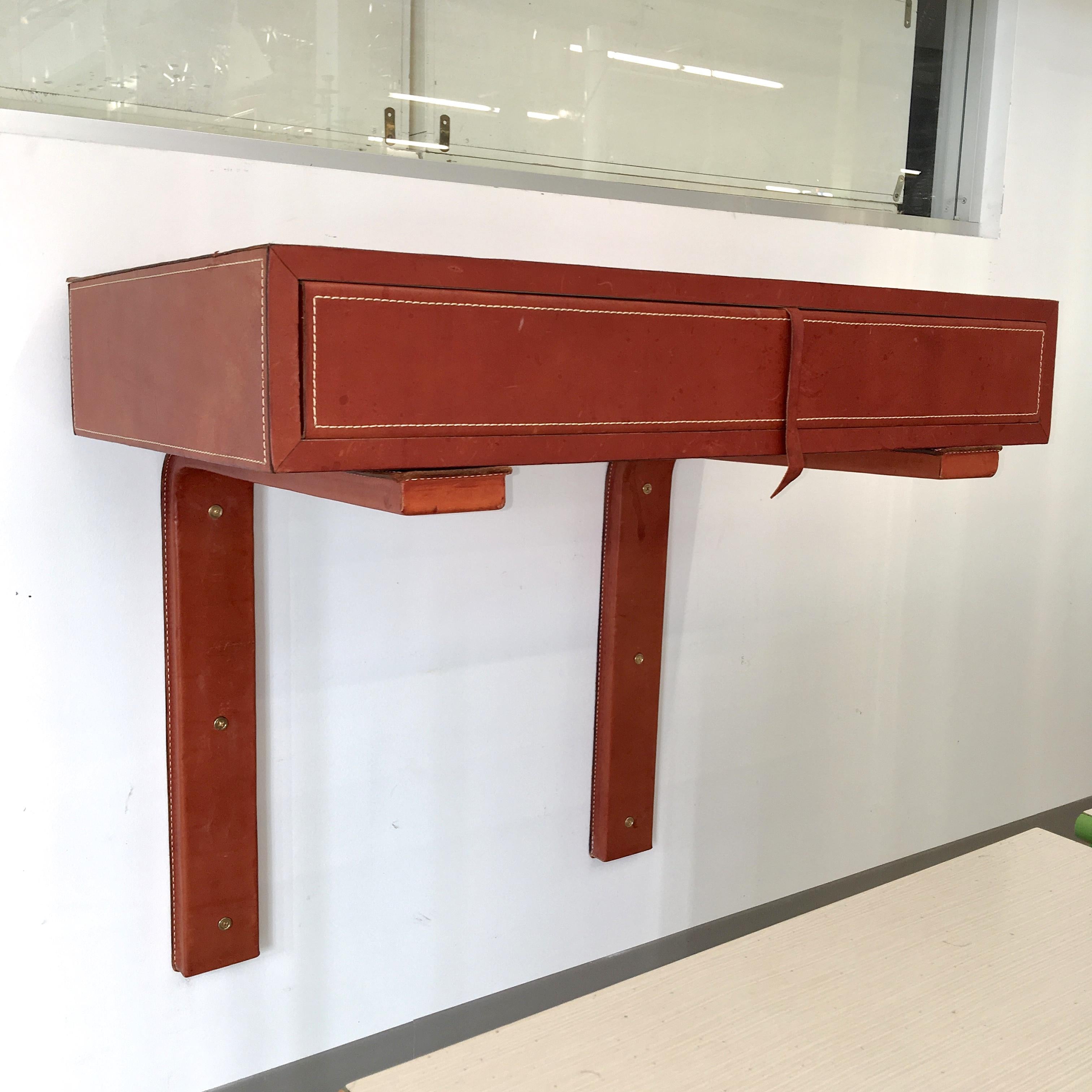 Adnet Style Saddle Stitched Leather Cantilevered Wall Console For Sale 3