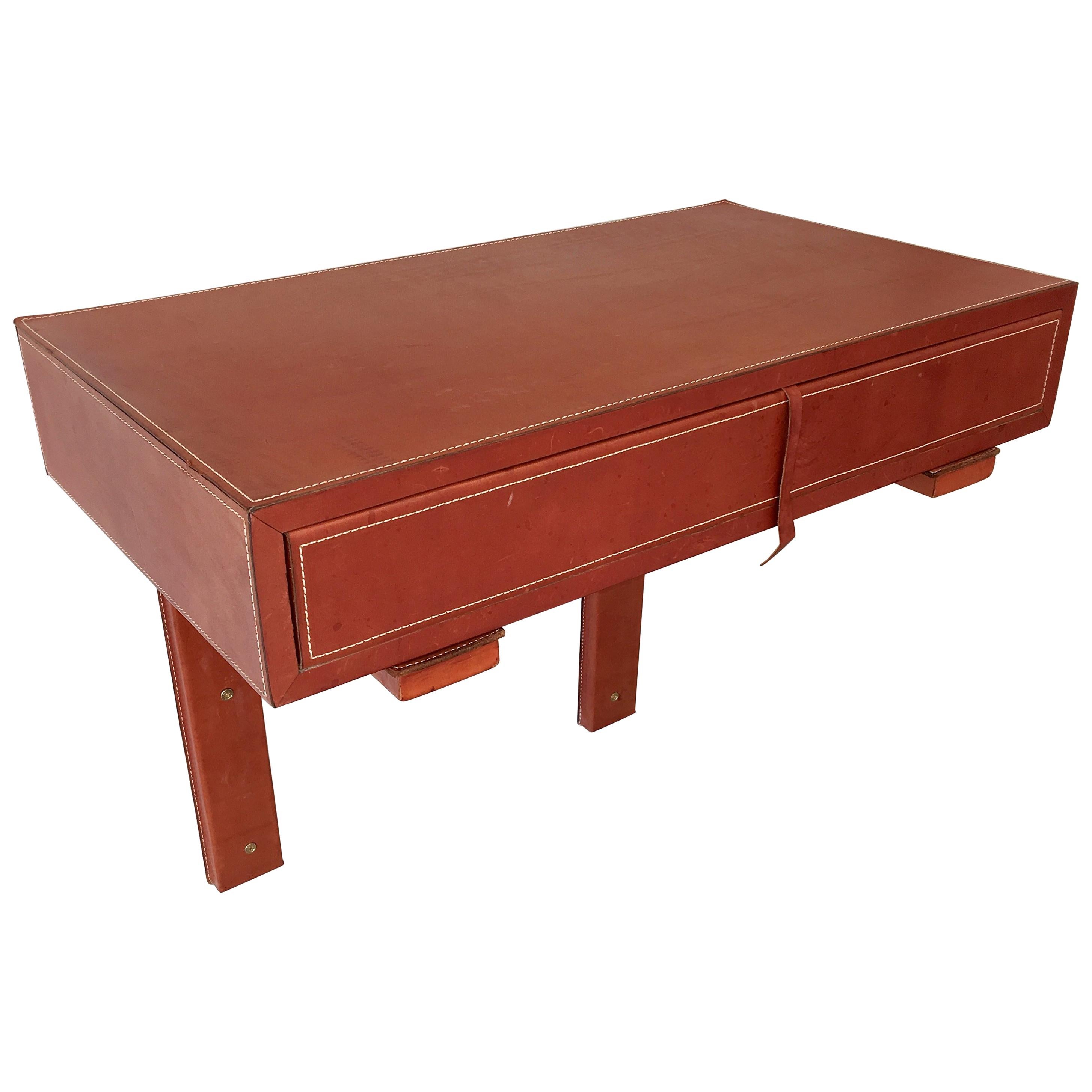 Adnet Style Saddle Stitched Leather Cantilevered Wall Console For Sale