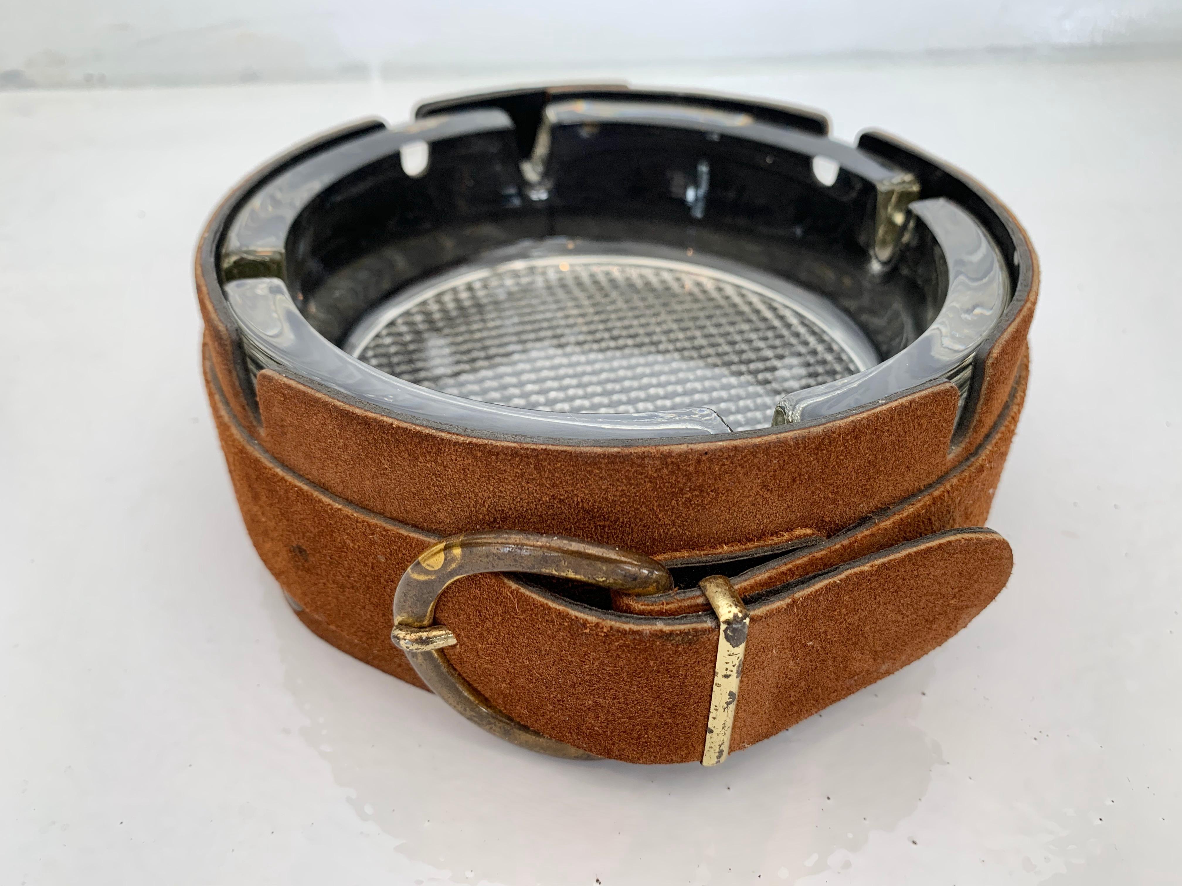 Adnet Style Suede and Glass Ashtray / Catchall In Good Condition In Los Angeles, CA