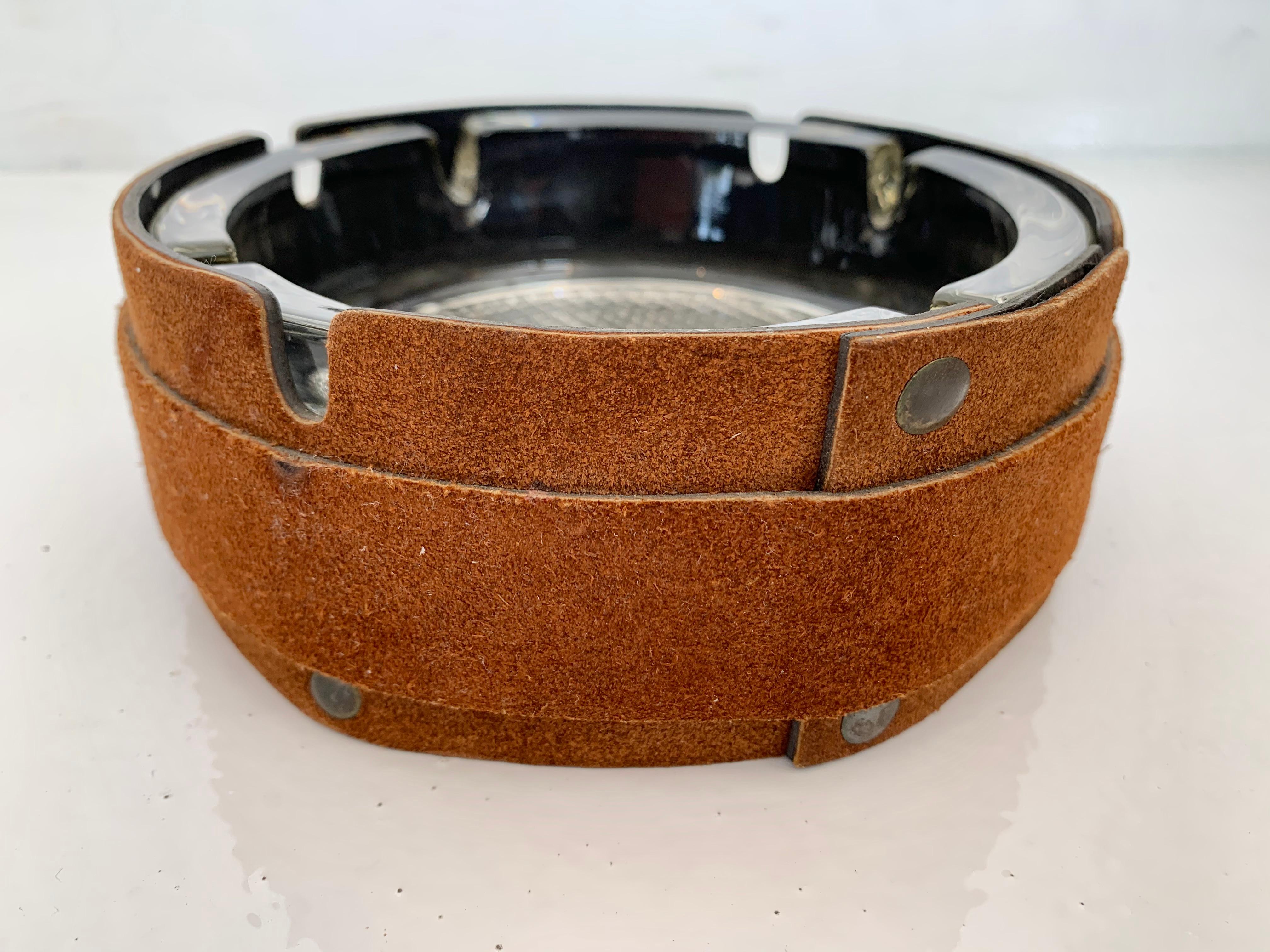 Mid-20th Century Adnet Style Suede and Glass Ashtray / Catchall