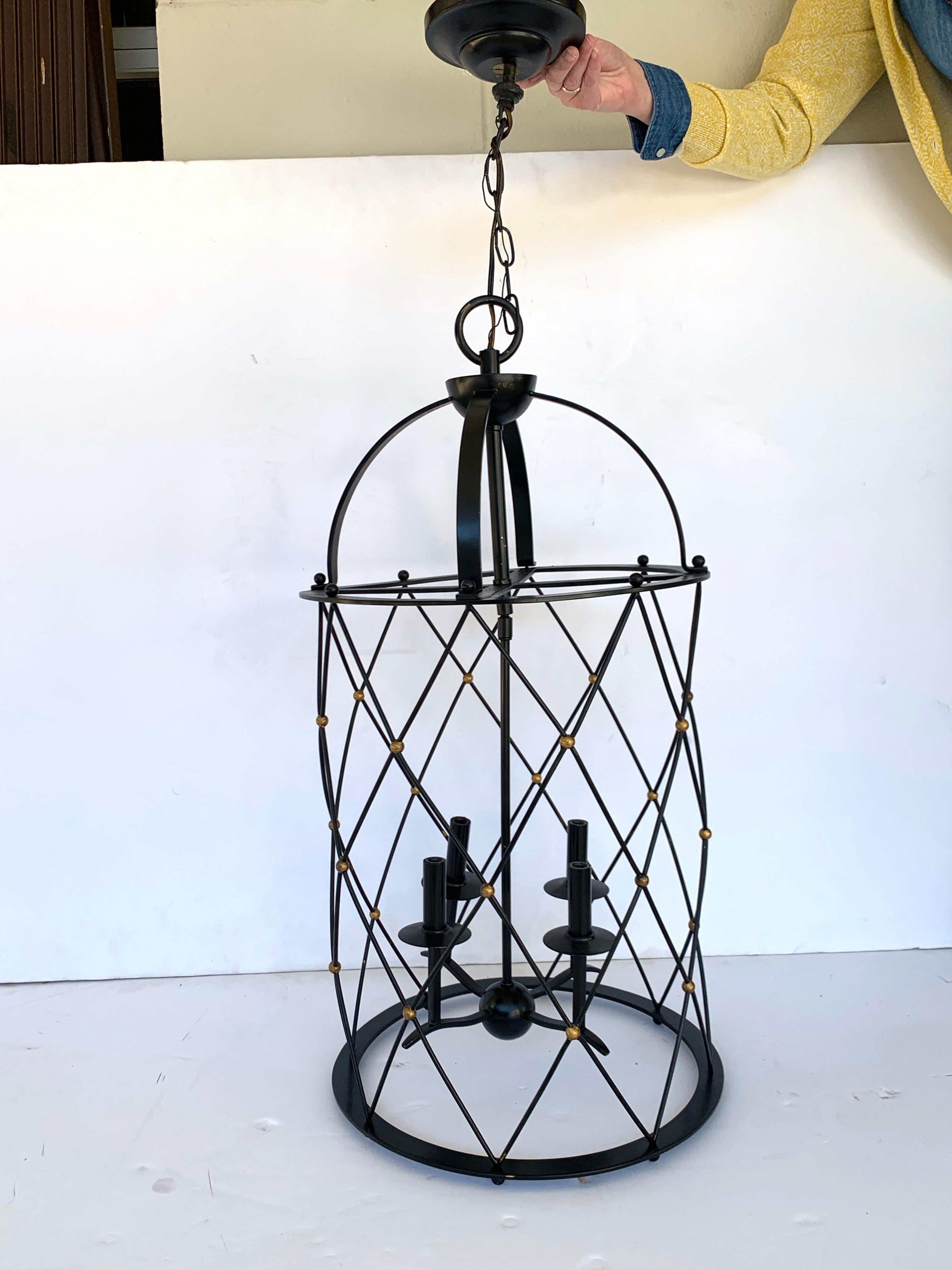 Adnet style Tour Eiffel Lantern, enameled and gilt brass lantern in the style of Jacques Adnet.