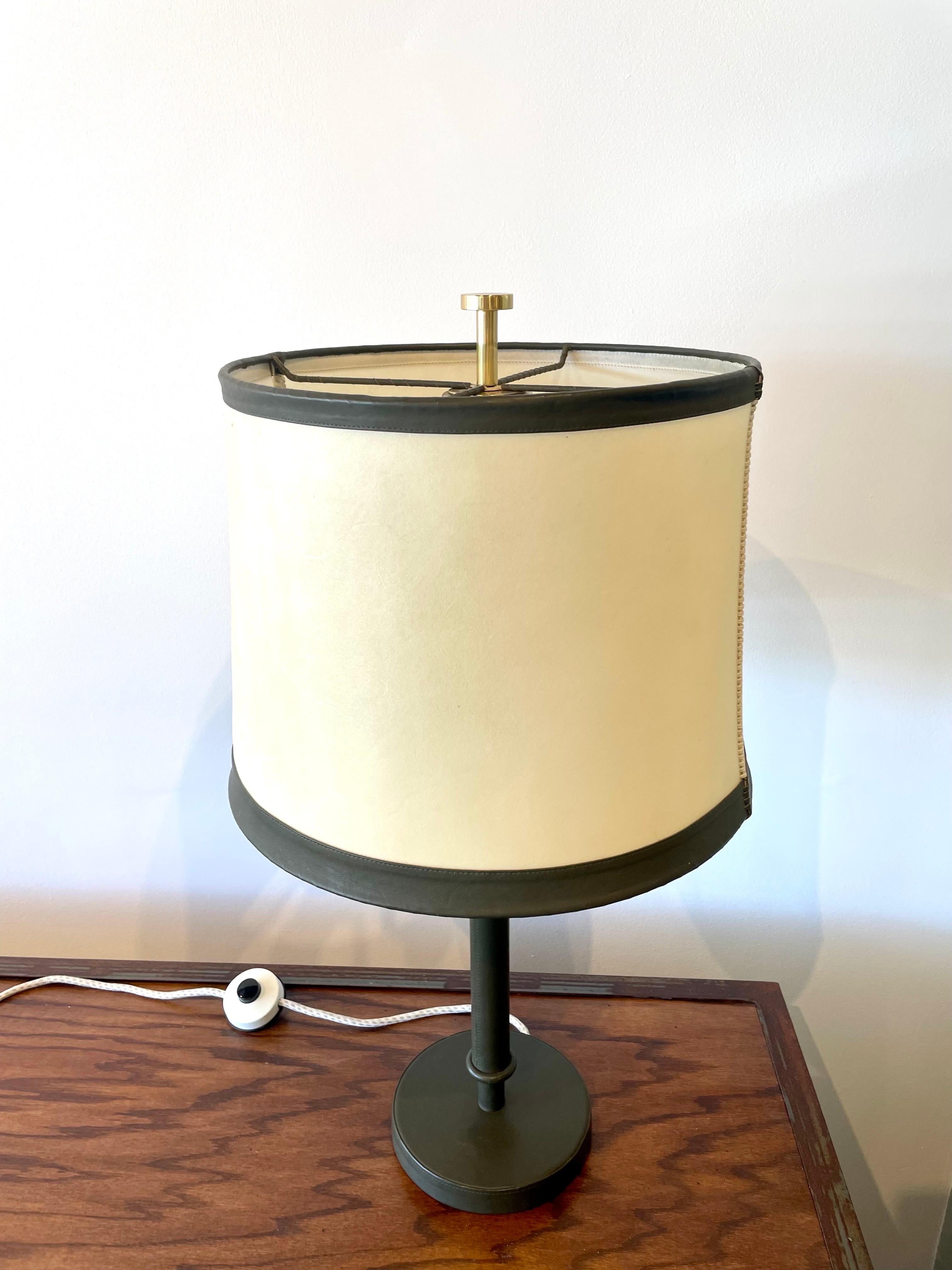 Mid-20th Century Adnet Style Vintage Green Leather and Parchment Shade Table Lamp