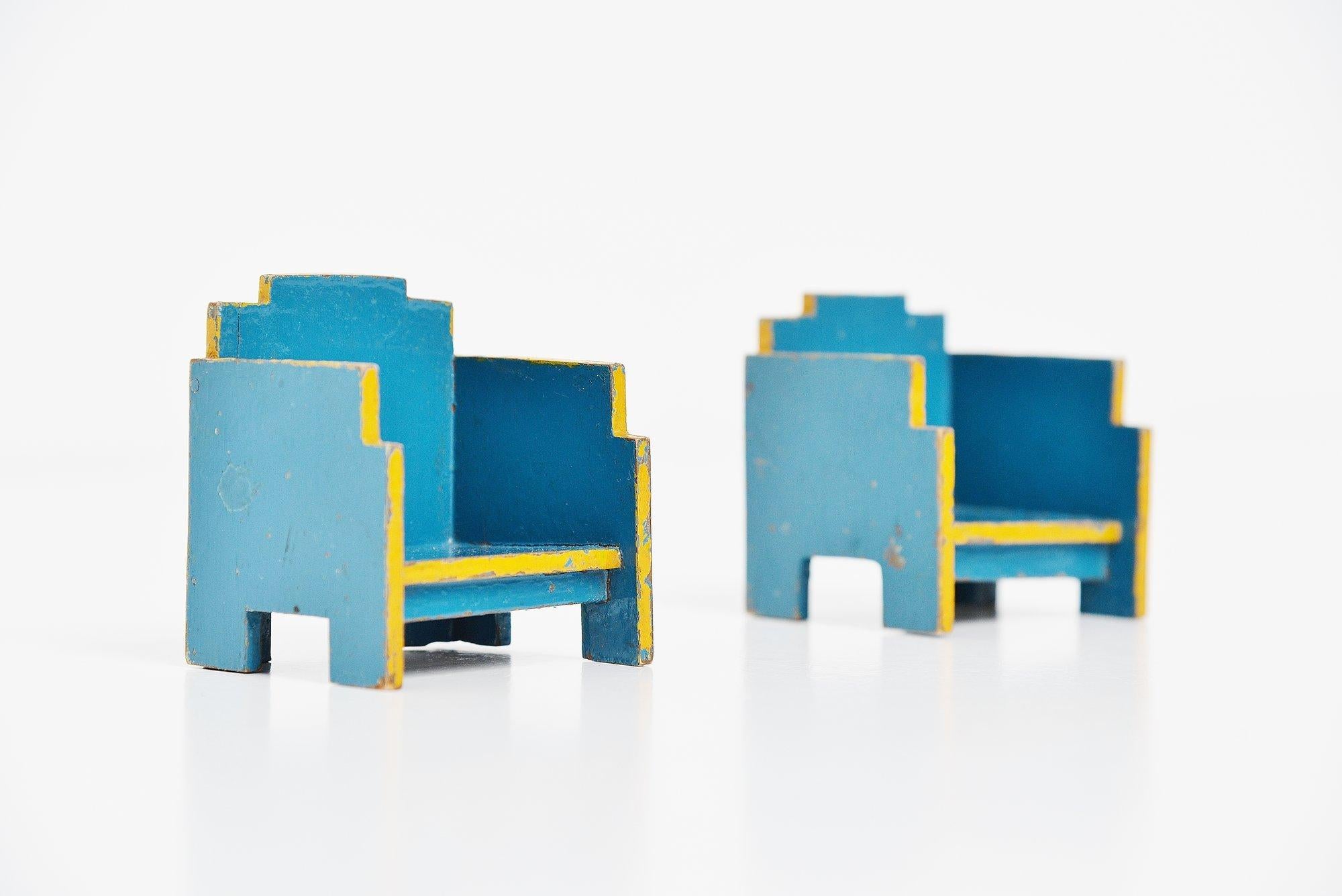 Very nice decorative wooden toy chairs set, designed by Ko Verzuu for Ado Holland in the 1932. Ado means Arbeid door onvolwaardigen, translated; labor by incapacitated, which makes this an even more special piece. Toys by Ado are being highly