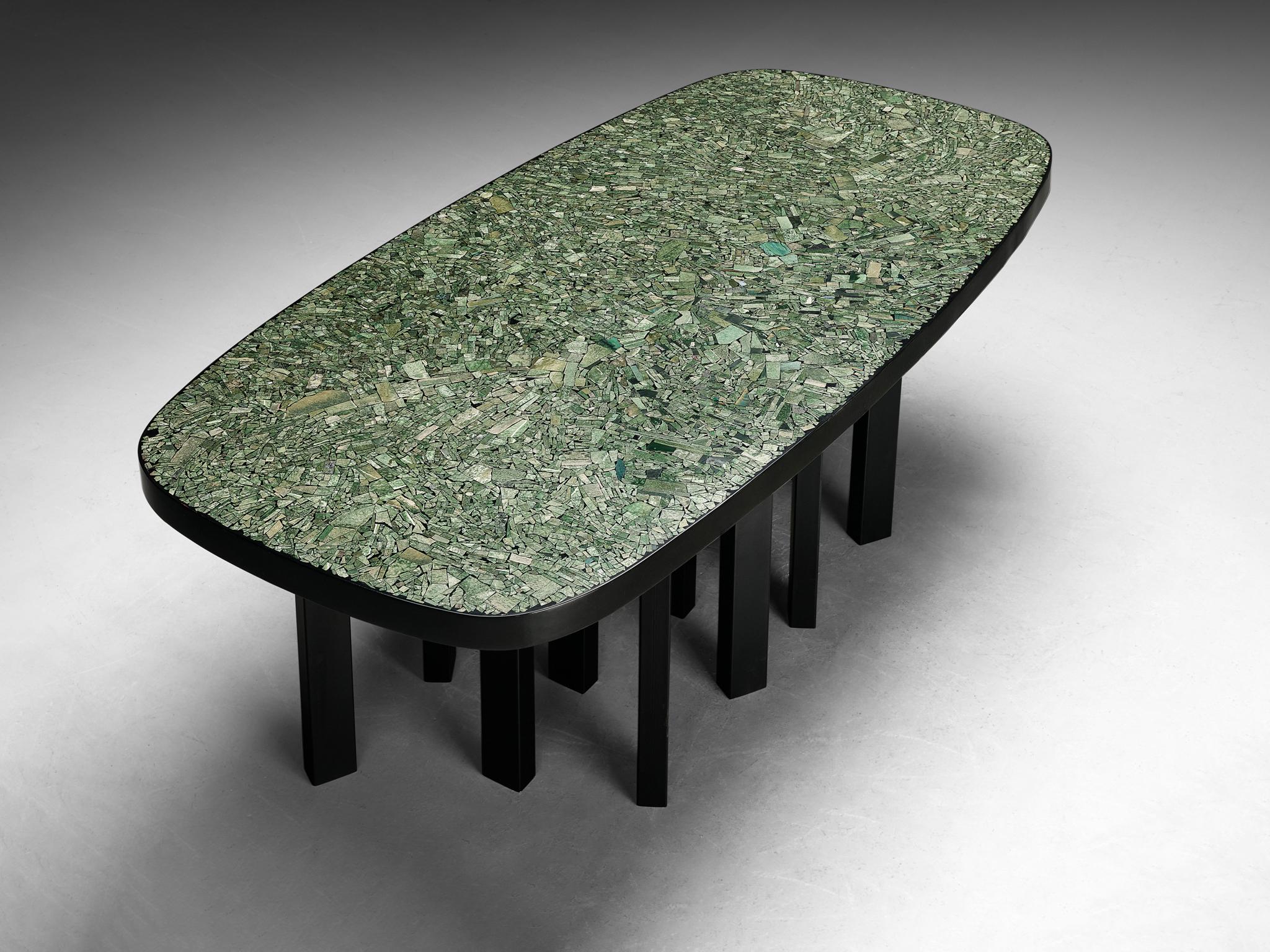Ado Chale, dining table, jade Wyoming (nephrite jade), resin, lacquered steel, Belgium, 1970

Crafted in 1970 by the autodidact Belgian artist Ado Chale, this monumental table stands as a testament to his use of precious materials and impeccable