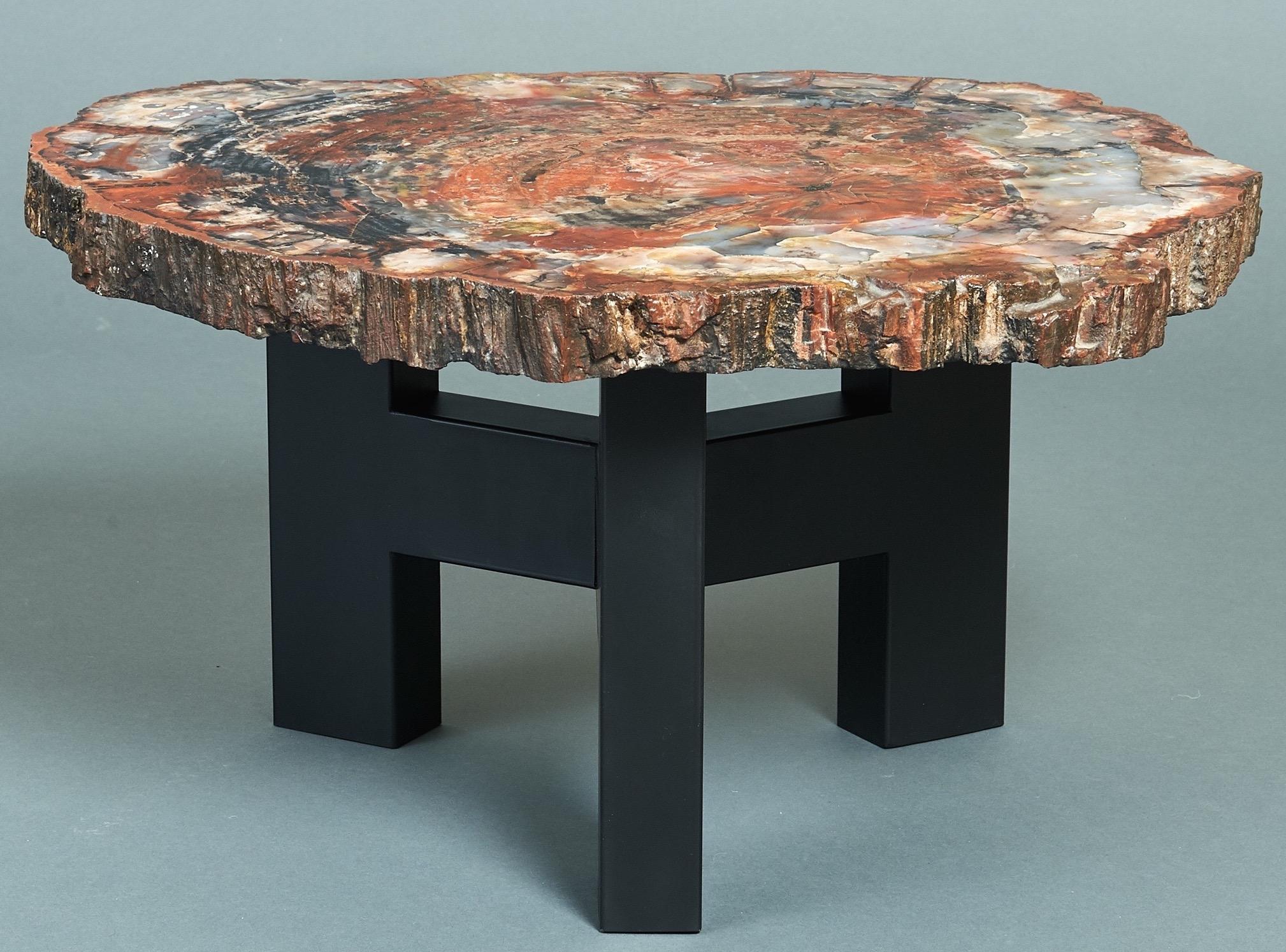 Ado Chale (b. 1928)

An early and exceptional organic coffee table by Ado Chale. Chale’s iconic tripod base, in enameled steel, supports a gleaming cross section of petrified Arizona sequoia, dating back some 200 million years. Cleaved from a
