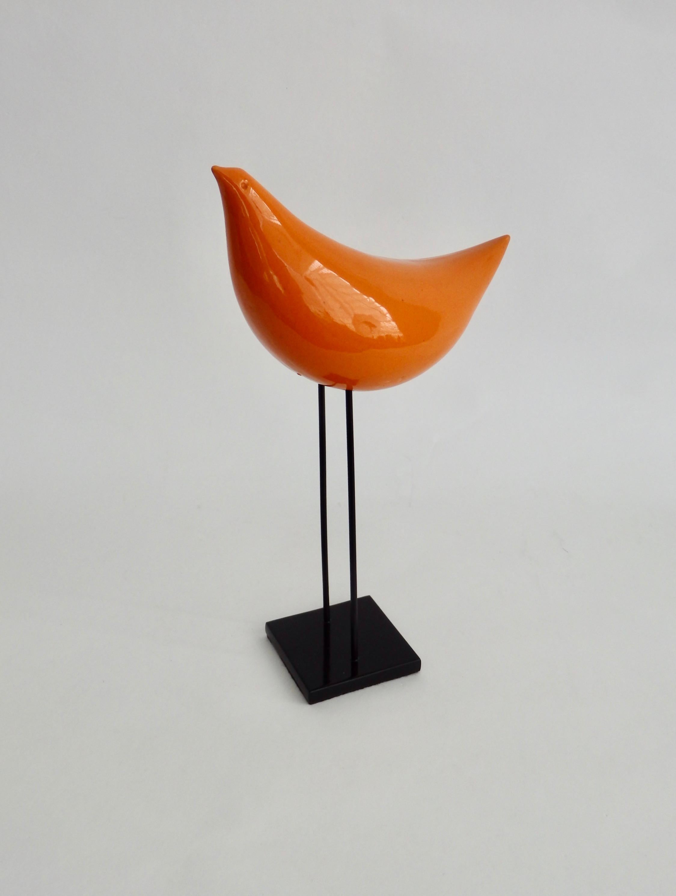 Mid-Century Modern Ado Londi for Bitossi Raymor Stylized Orange Bird Sculpture on Iron Base