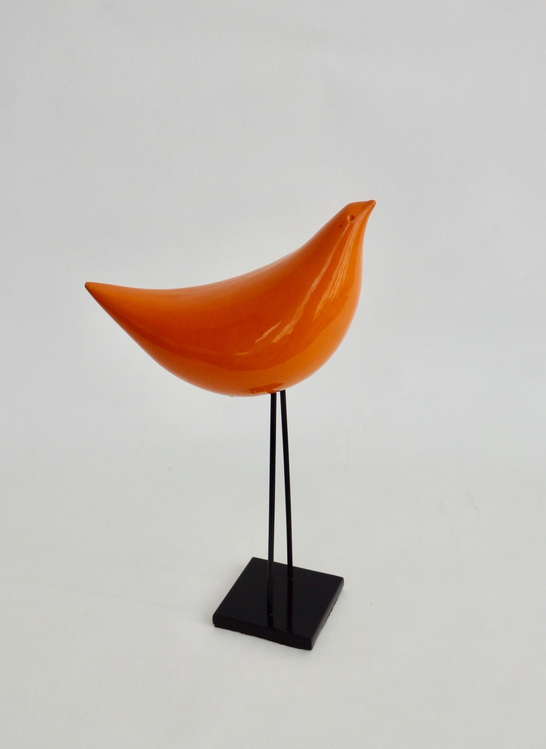 Italian Ado Londi for Bitossi Raymor Stylized Orange Bird Sculpture on Iron Base