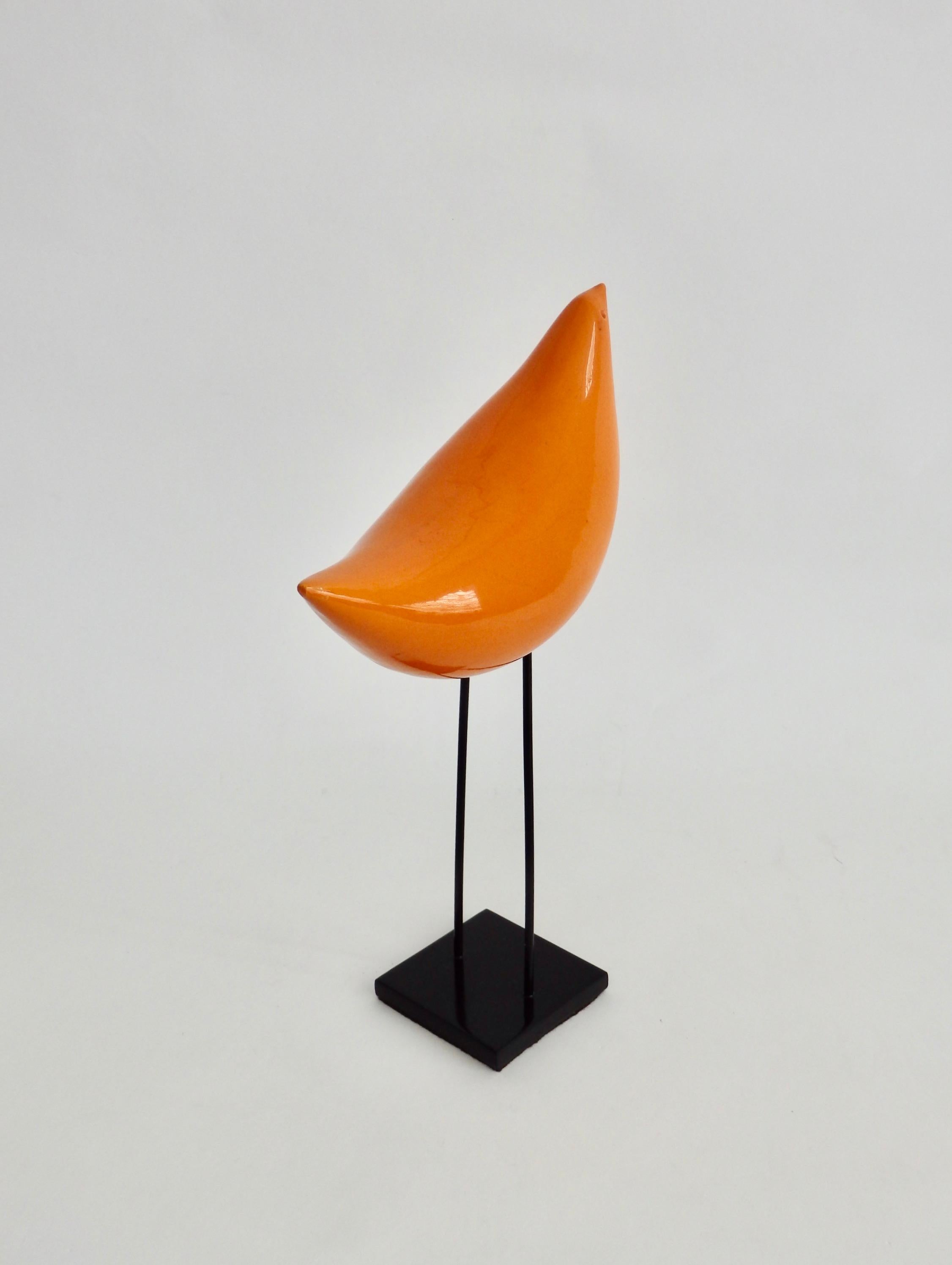Ado Londi for Bitossi Raymor Stylized Orange Bird Sculpture on Iron Base In Good Condition In Ferndale, MI