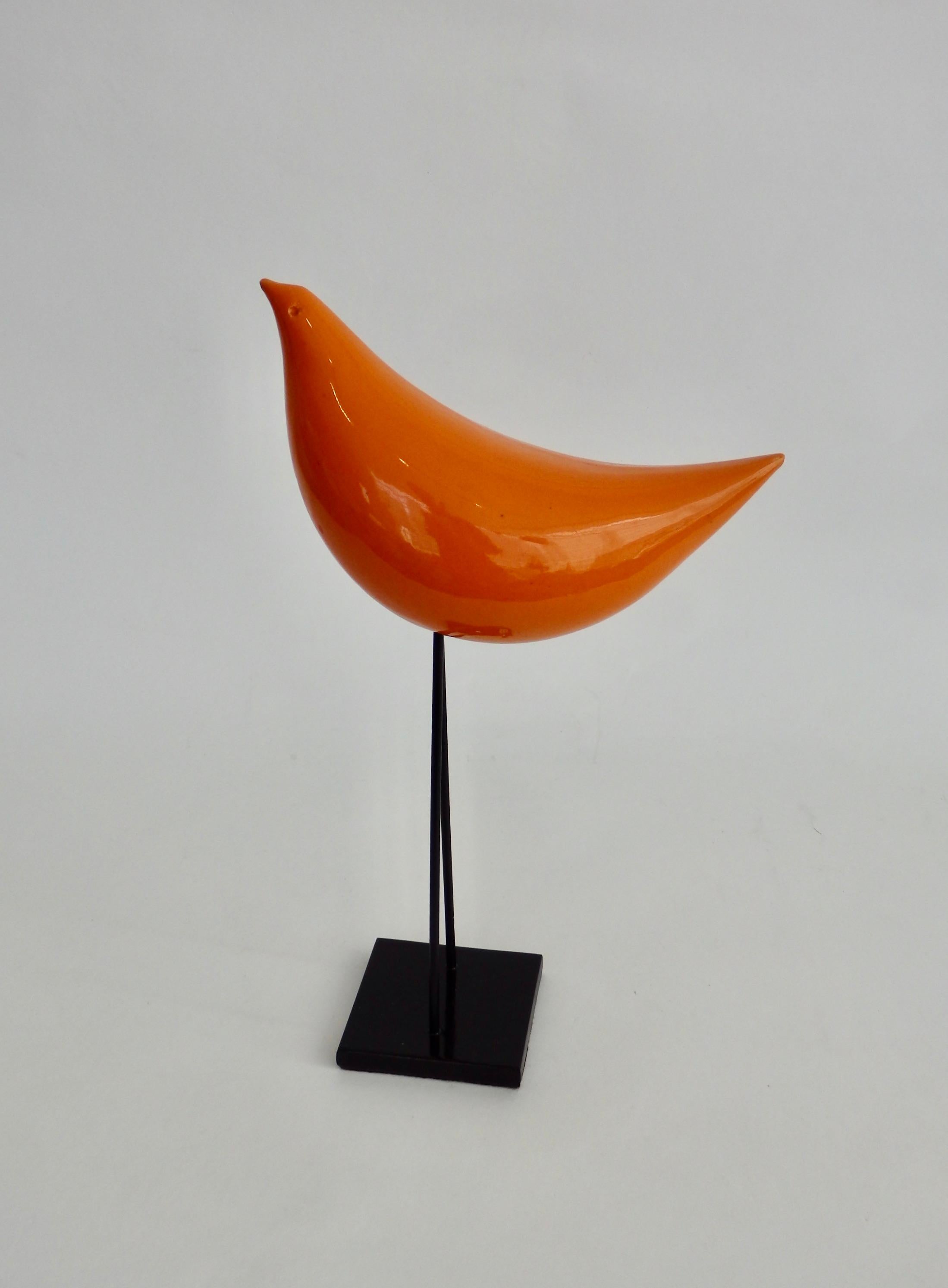 20th Century Ado Londi for Bitossi Raymor Stylized Orange Bird Sculpture on Iron Base