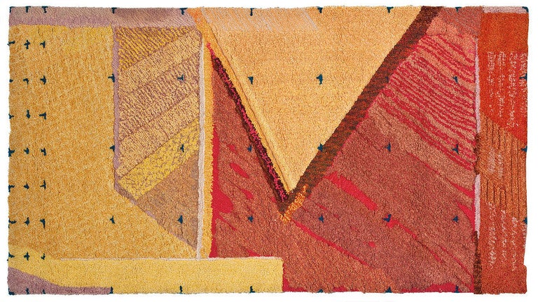 This abstract studio wall hanging/rug by J. Anderson is rendered in hand-hooked and tufted wool. 
Signed, dated and inscribed on the reverse 