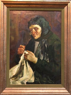Israeli Judaica Old Jewish Woman Sewing Expressionist Oil Painting