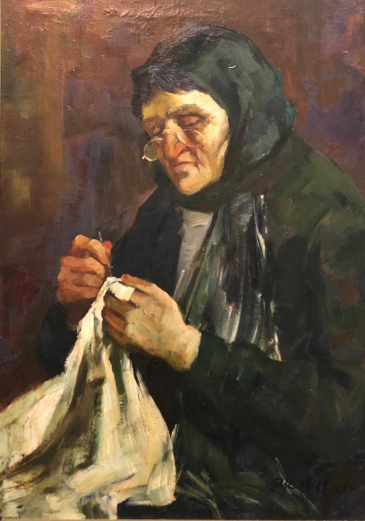 Adolf Adler Figurative Painting - Israeli Judaica Old Jewish Woman Sewing Expressionist Oil Painting