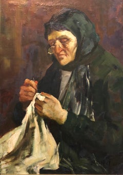 Retro Israeli Judaica Old Jewish Woman Sewing Expressionist Oil Painting