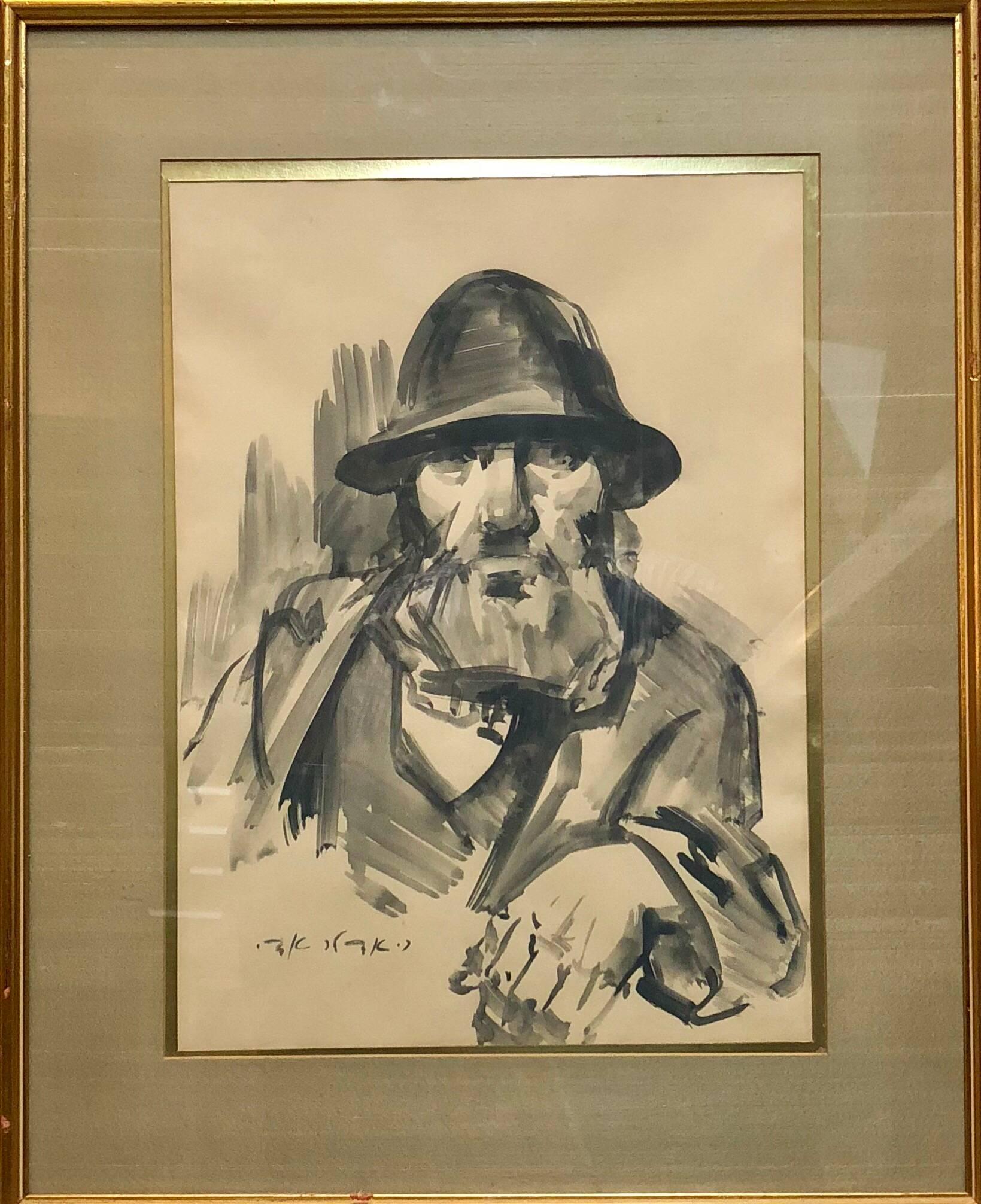 Israeli Judaica Rabbi Expressionist Gouachel Painting - Beige Figurative Painting by Adolf Adler