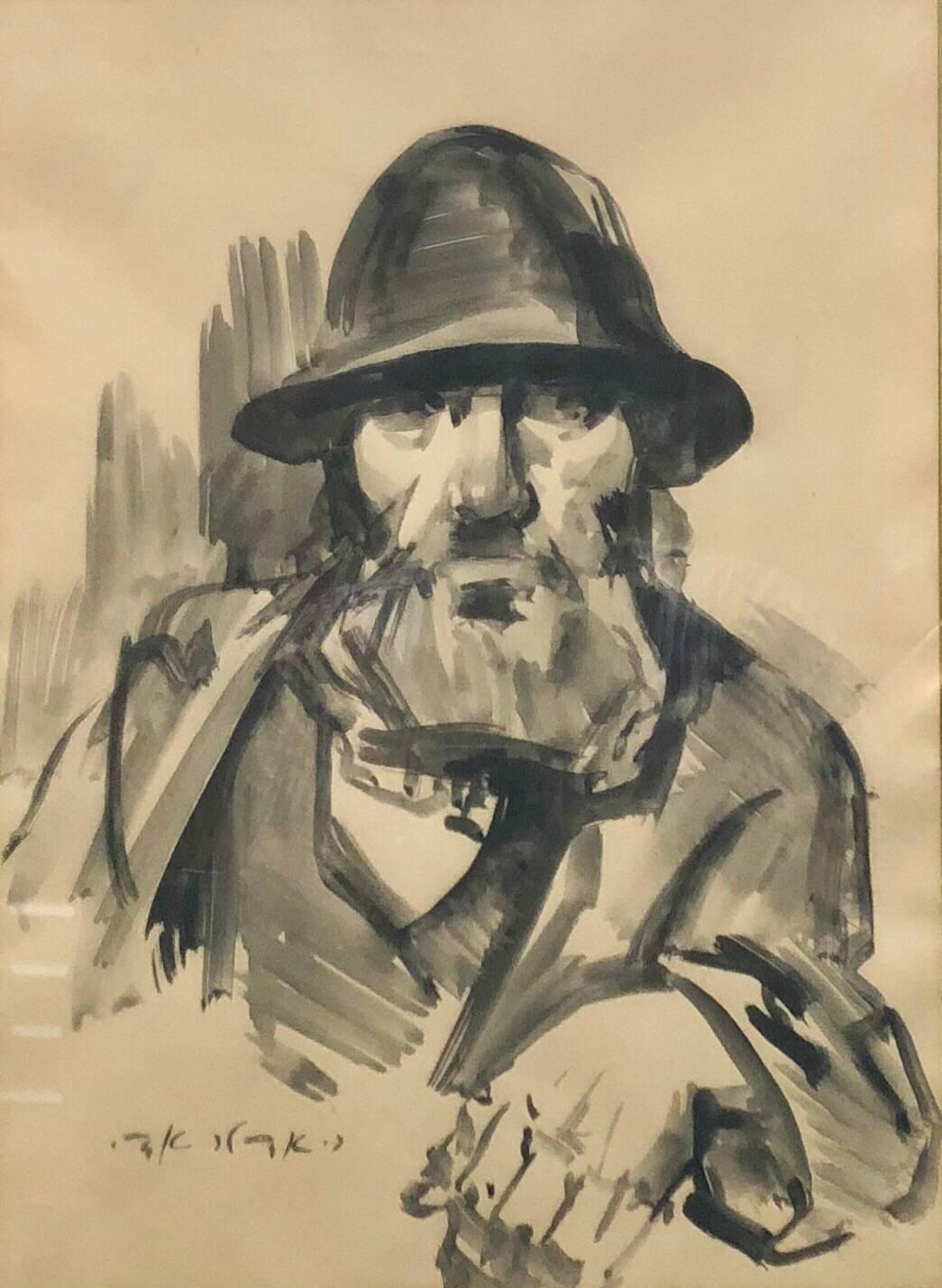 Adolf Adler Figurative Painting - Israeli Judaica Rabbi Expressionist Gouachel Painting