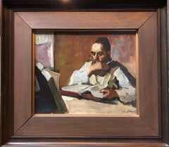 Israeli Judaica Rabbi Studying Expressionist Oil Painting