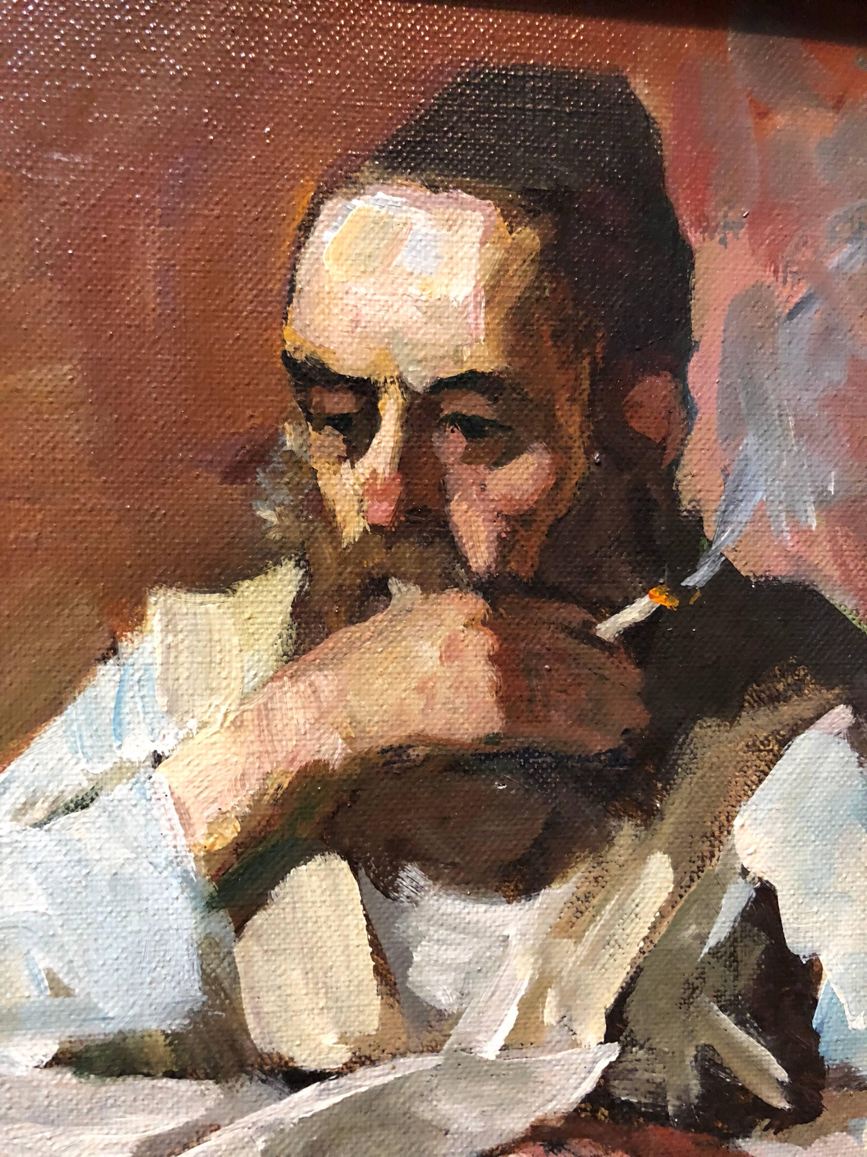 Israeli Judaica Rabbi Studying Expressionist Oil Painting - Brown Figurative Painting by Adolf Adler