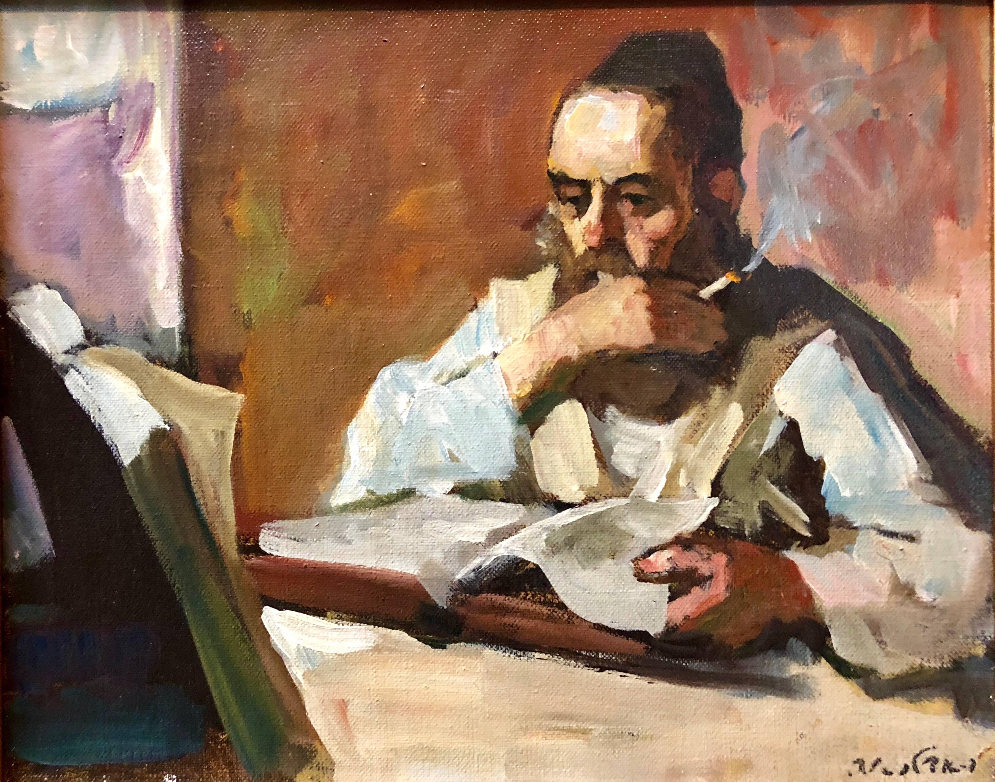 Adolf Adler Figurative Painting - Israeli Judaica Rabbi Studying Expressionist Oil Painting