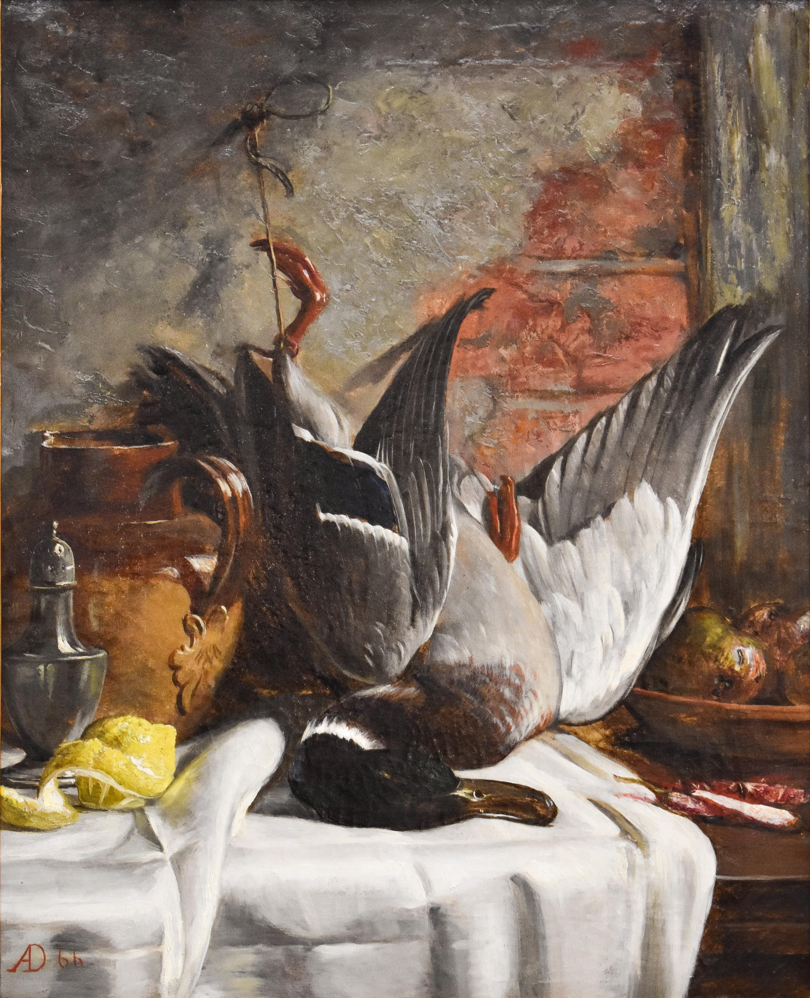 Adolf Alexander Dillens Still-Life Painting - Still Life with Duck - Romantic - Classic - Netherlands - Dutch - 