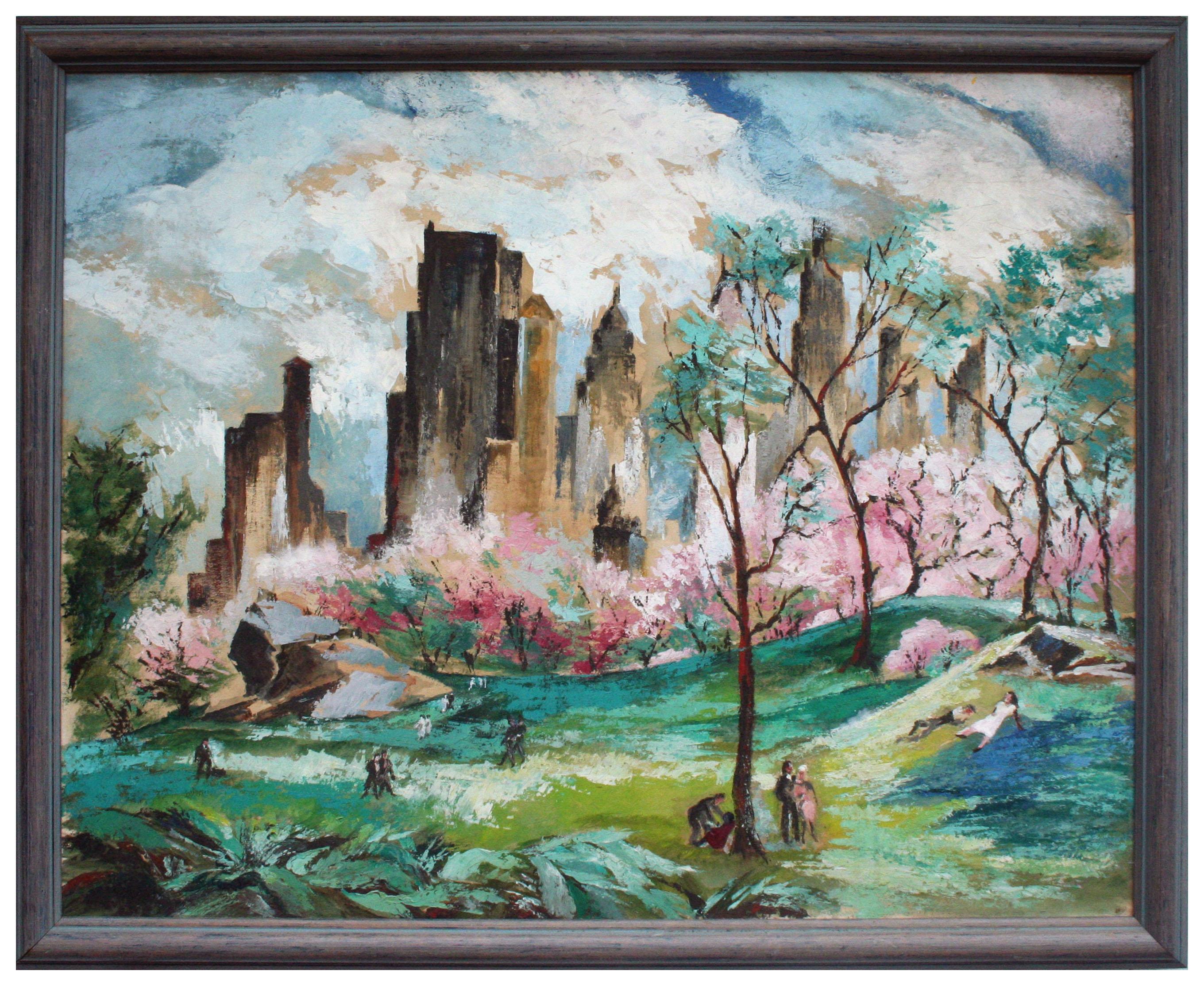 Ein spektakuläres figuratives Manhattan-Landschafts-Ölgemälde aus der Mitte des Jahrhunderts, nach dem berühmten Aquarell "Frühling im Central Park" von Adolf Arthur Dehn aus dem Jahr 1941, von einem unbekannten Künstler (Amerikaner, 20.