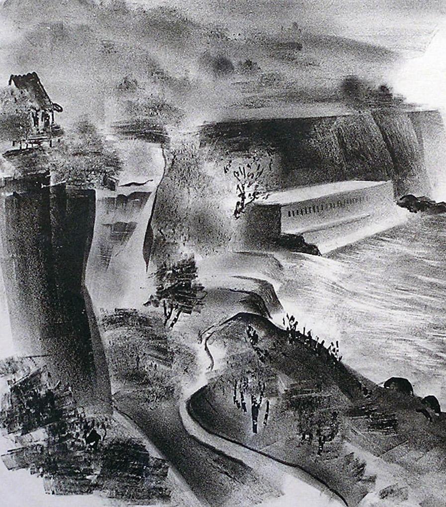 Niagarafälle
Lithographie, 1931
Signiert unten rechts (siehe Foto)
Betitelt/Ausgabe unten links. (siehe Foto)
Auflage von 25 Stück
Provenienz:  der Nachlass des Künstlers
Zustand: Ausgezeichnet
Bildgröße: 10 13/16 x 14 7/8 Zoll
Referenz: L. & O'S