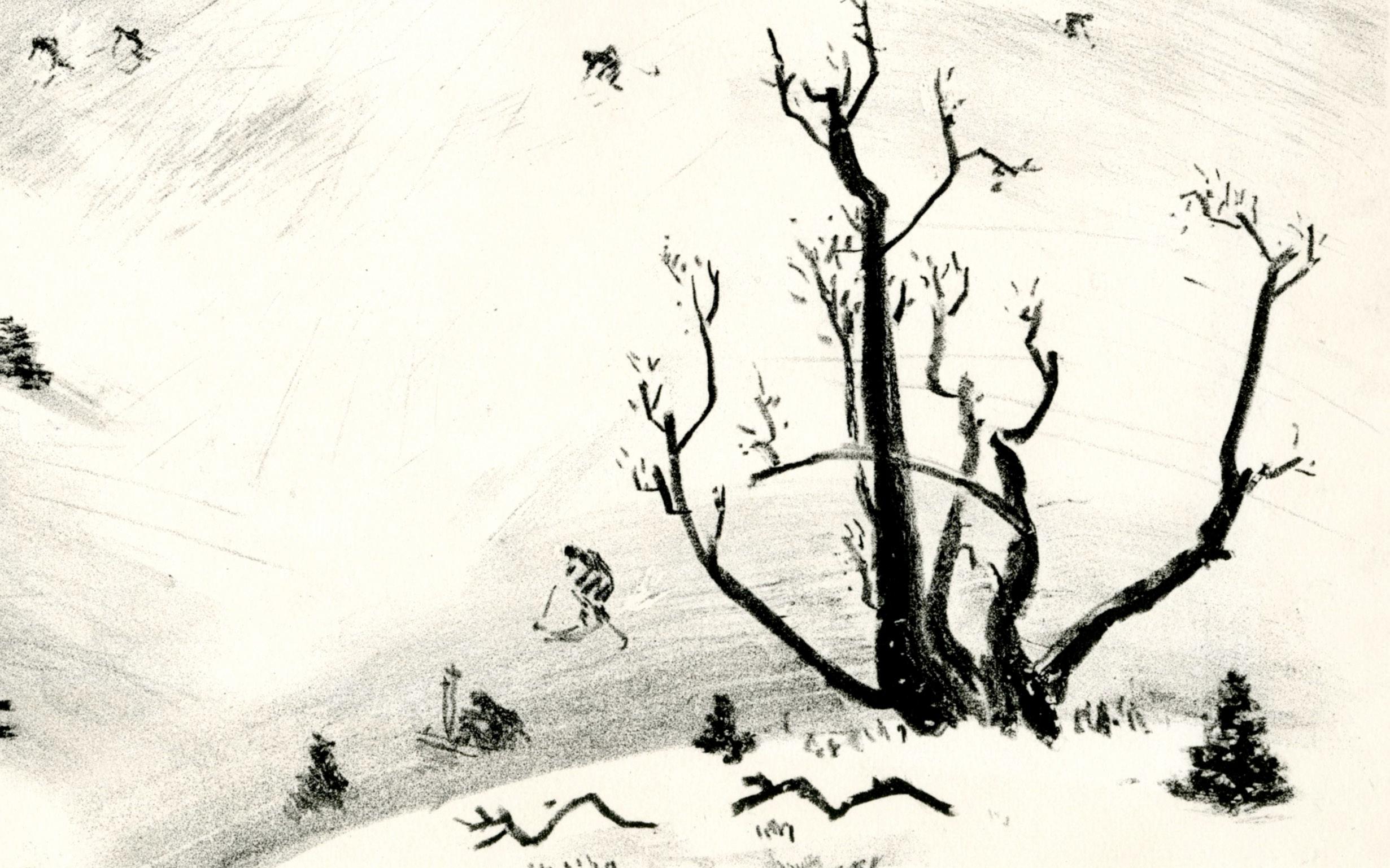 Skiers - Beige Landscape Print by Adolf Arthur Dehn