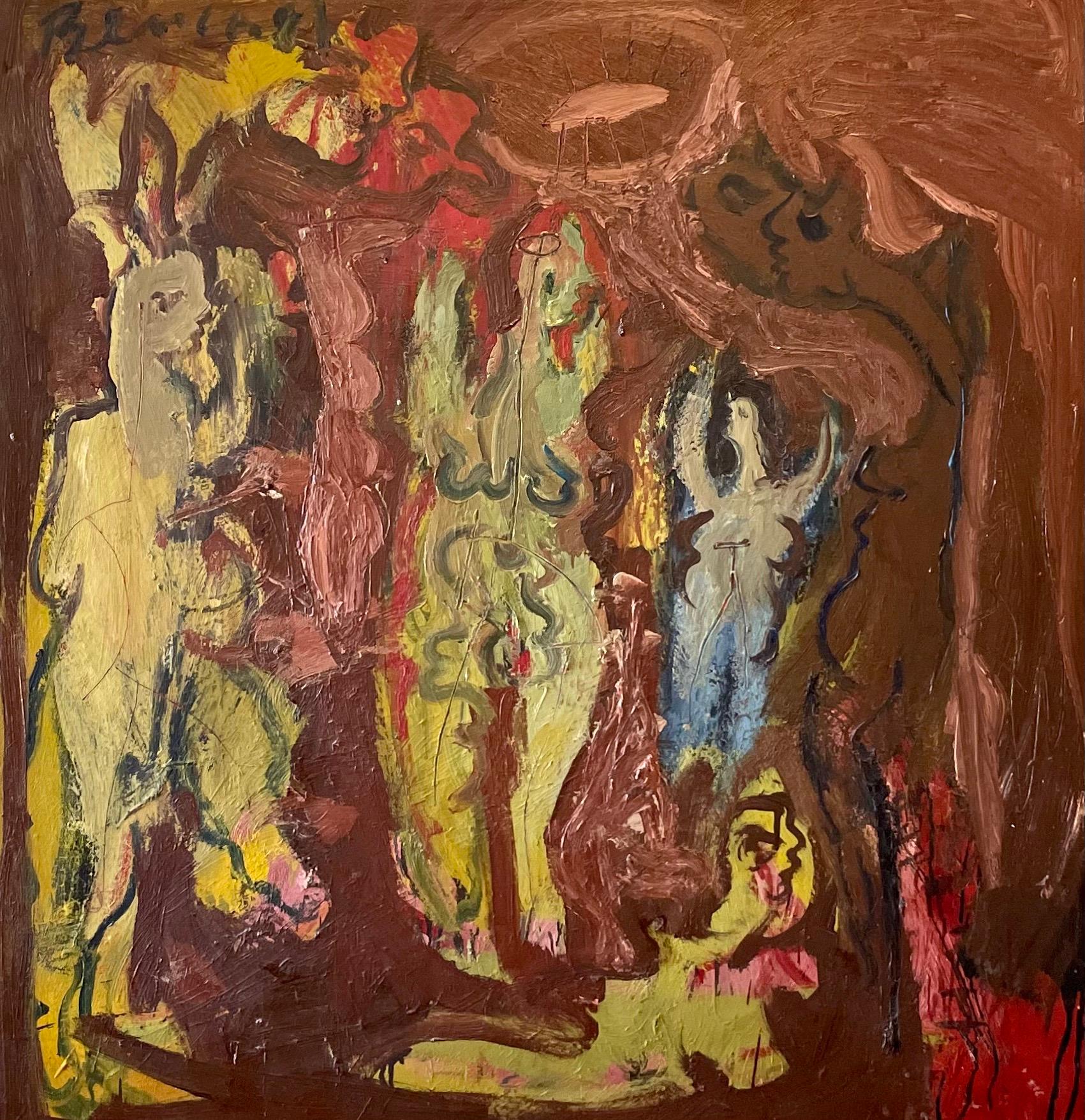 Abstract oil painting on stretched canvas featuring figures against a dark brown background. Signed upper left. 

Adolf Benca was born in Bratislava, Slovakia in 1959. He immigrated to the United States in 1969 and he studied at the Cooper Union for