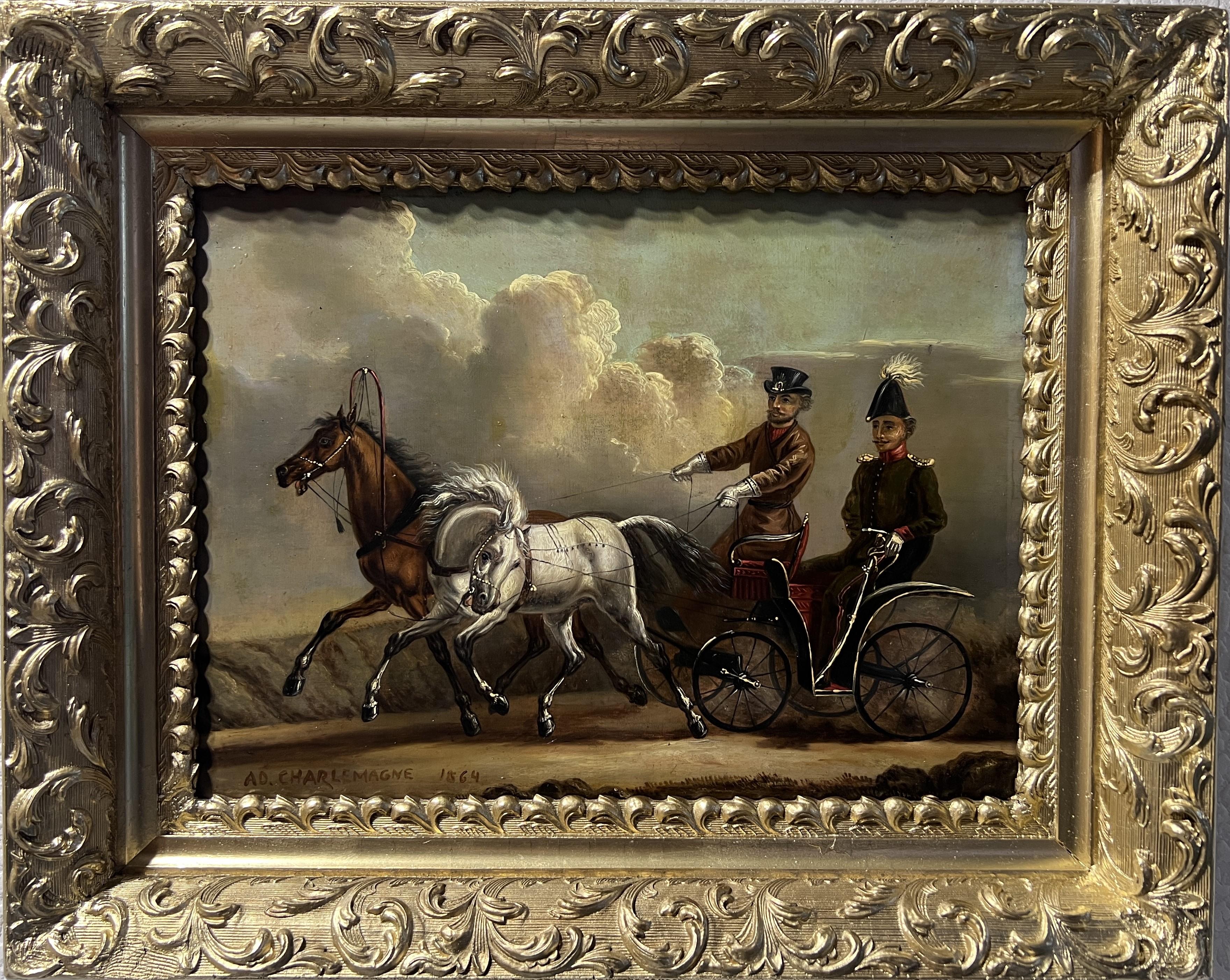 Up for sale is very rare unique Antique 19-century original oil painting on metal plate depicting a carriage ride by famous Russian Artist of His Imperial Majesty Alexander II -  Adolf Jossifowitsch Charlemagne (1826-1901).

Signed Ad. Charlemagne