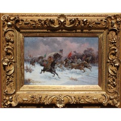Un fino óleo austriaco/ruso sobre tabla "Cargando guerreros cosacos a caballo"