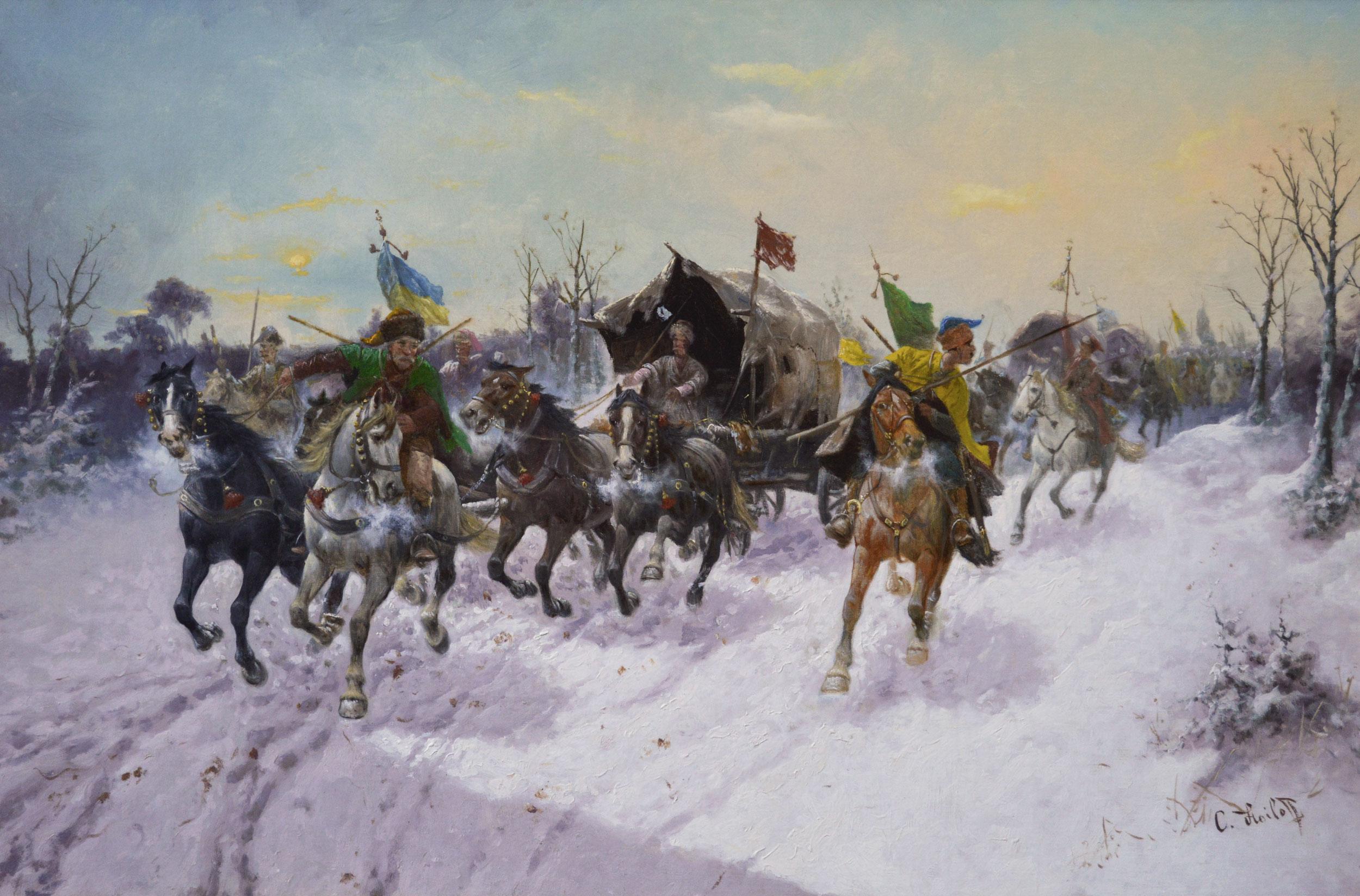 19th Century winter landscape oil painting of a caravan with Cossacks on horses - Painting by Adolf Constantin Baumgartner-Stoiloff