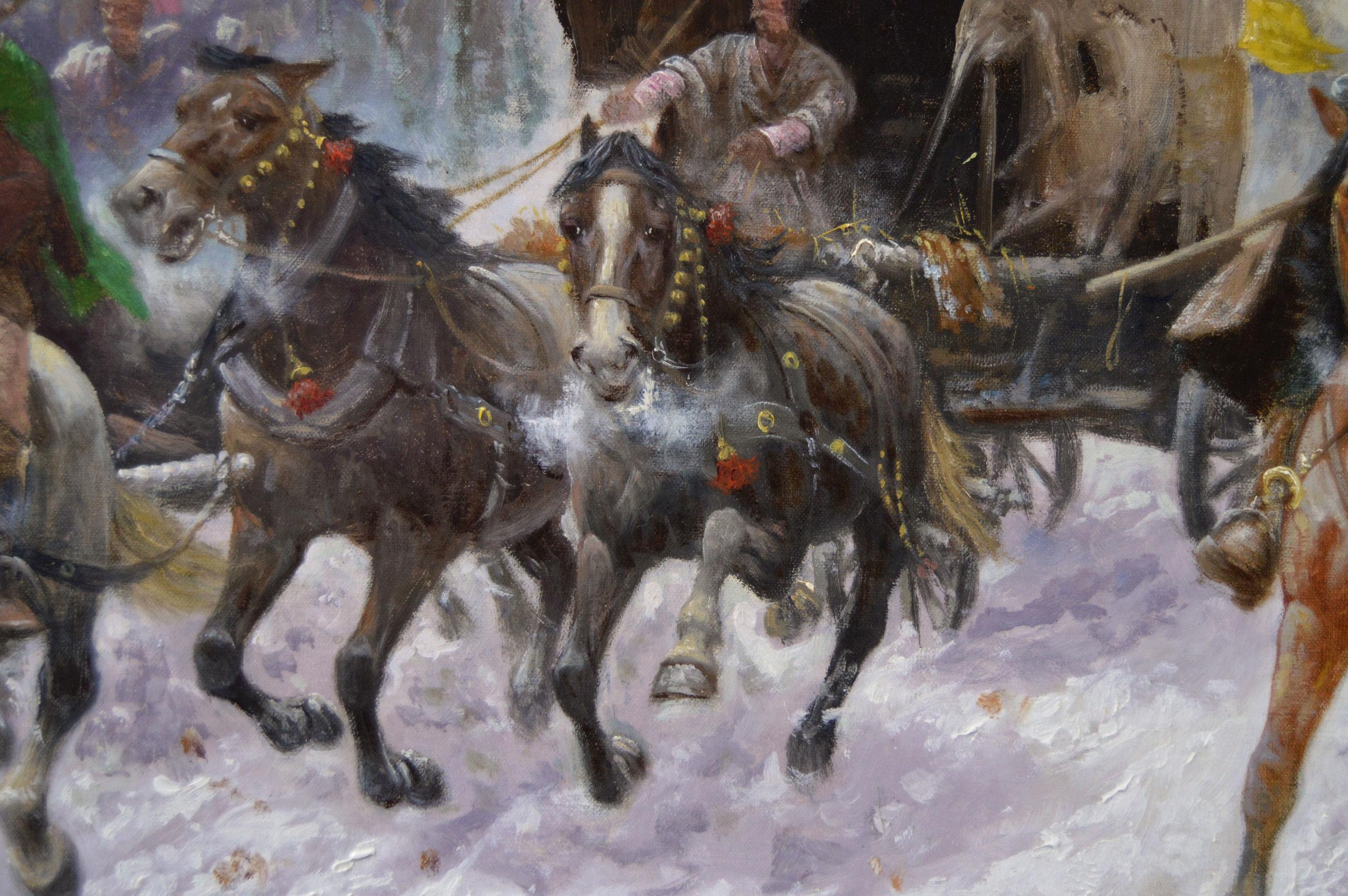 Adolf Constantin Baumgartner-Stoiloff
Autrichien (1850-1924)
Le convoi d'or
Huile sur toile, signée
Taille de l'image : 26.25 pouces x 40.5 pouces 
Dimensions, y compris le cadre : 32.25 pouces x 46.5 pouces

Paysage hivernal animé de cosaques à