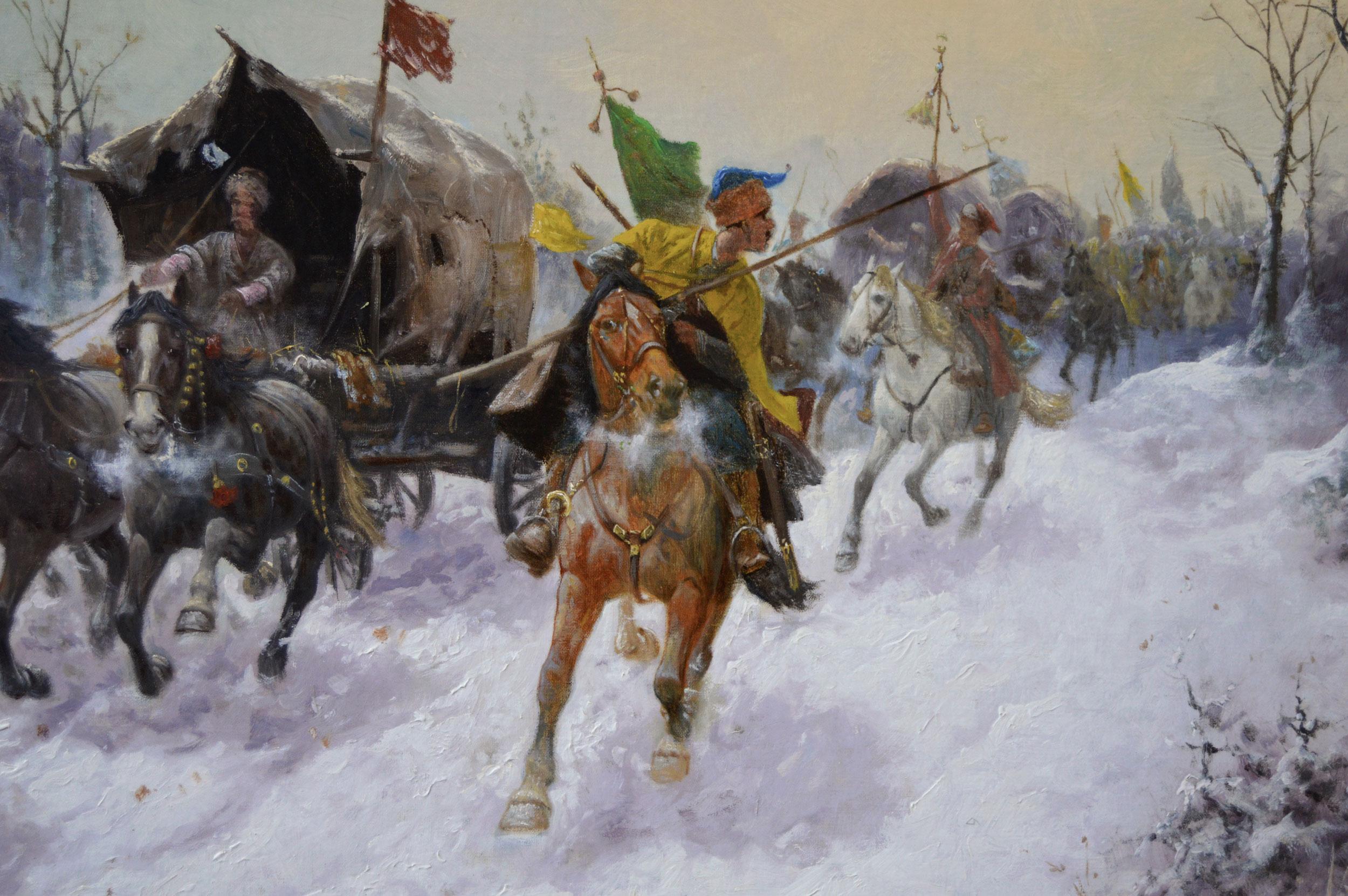 19th Century winter landscape oil painting of a caravan with Cossacks on horses For Sale 1