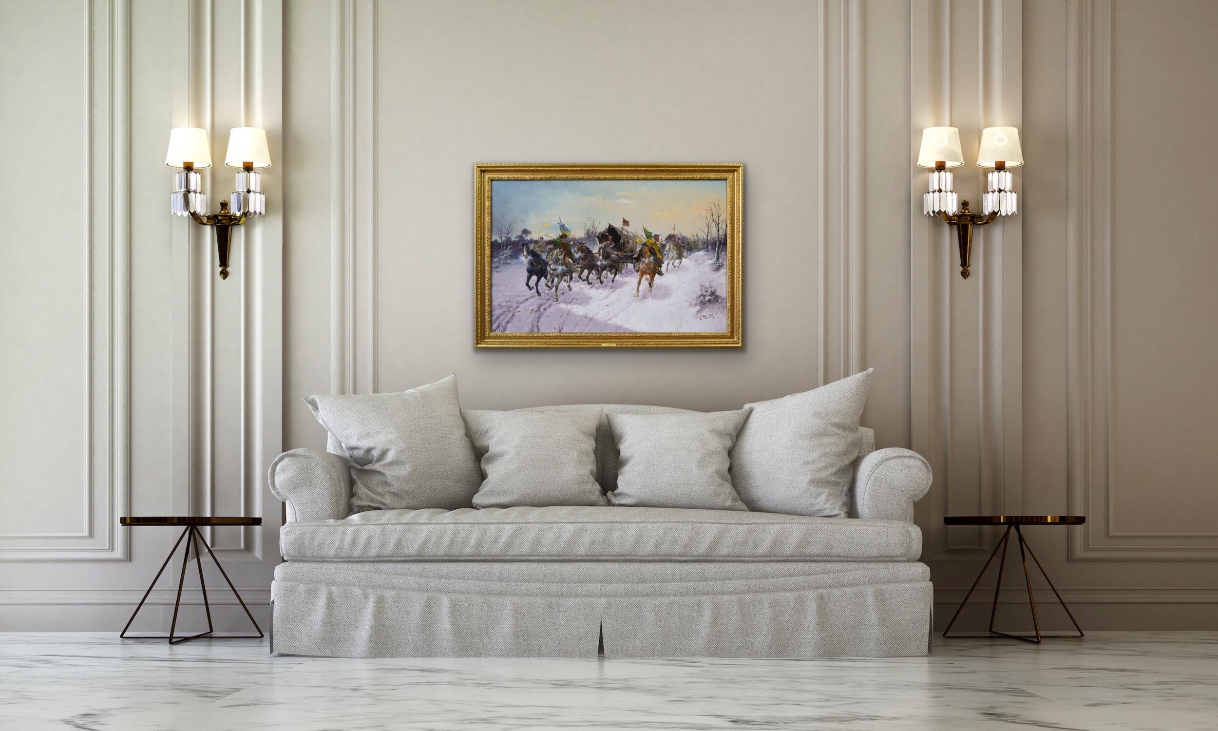 19th Century winter landscape oil painting of a caravan with Cossacks on horses For Sale 4