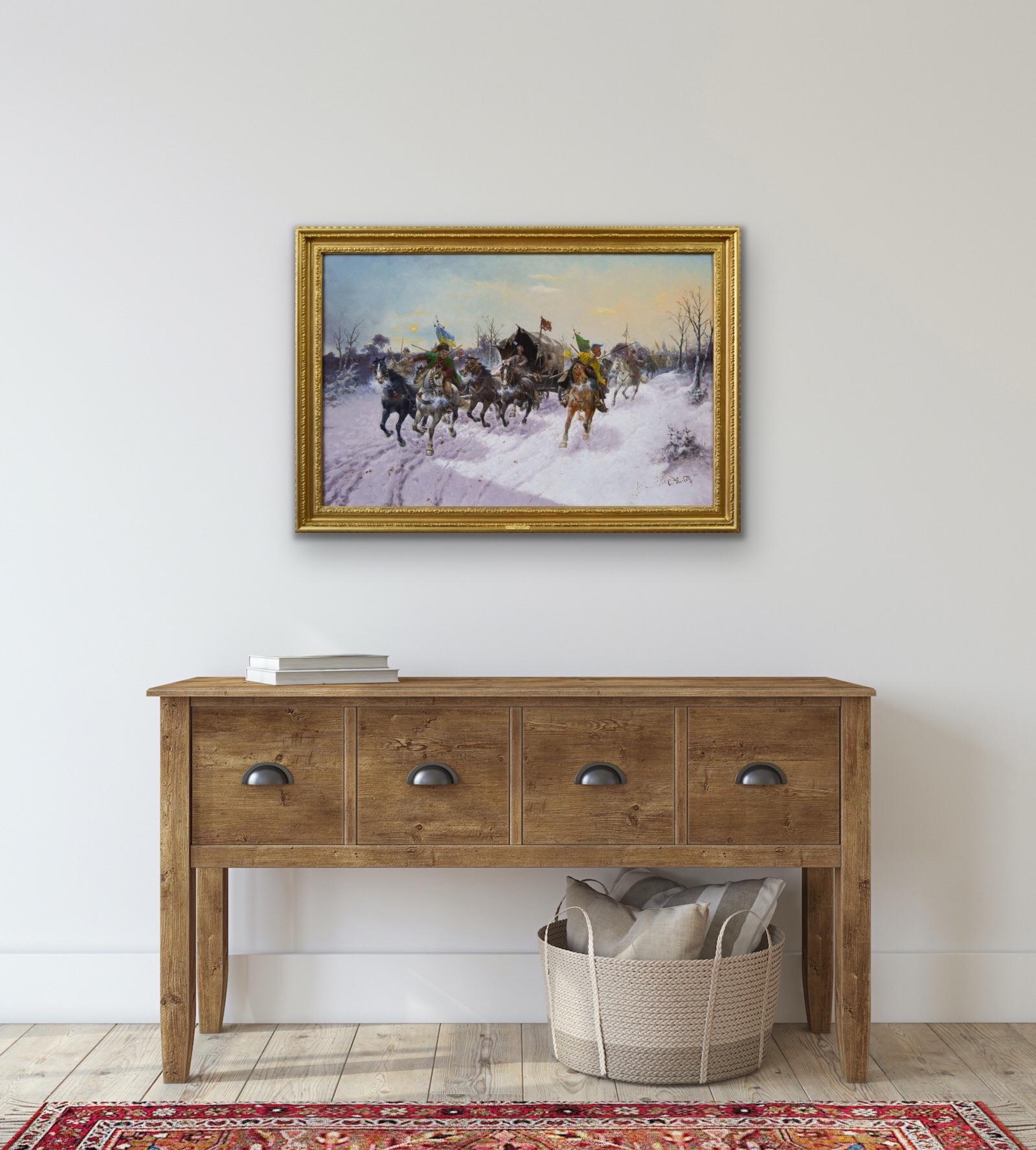 19th Century winter landscape oil painting of a caravan with Cossacks on horses For Sale 5