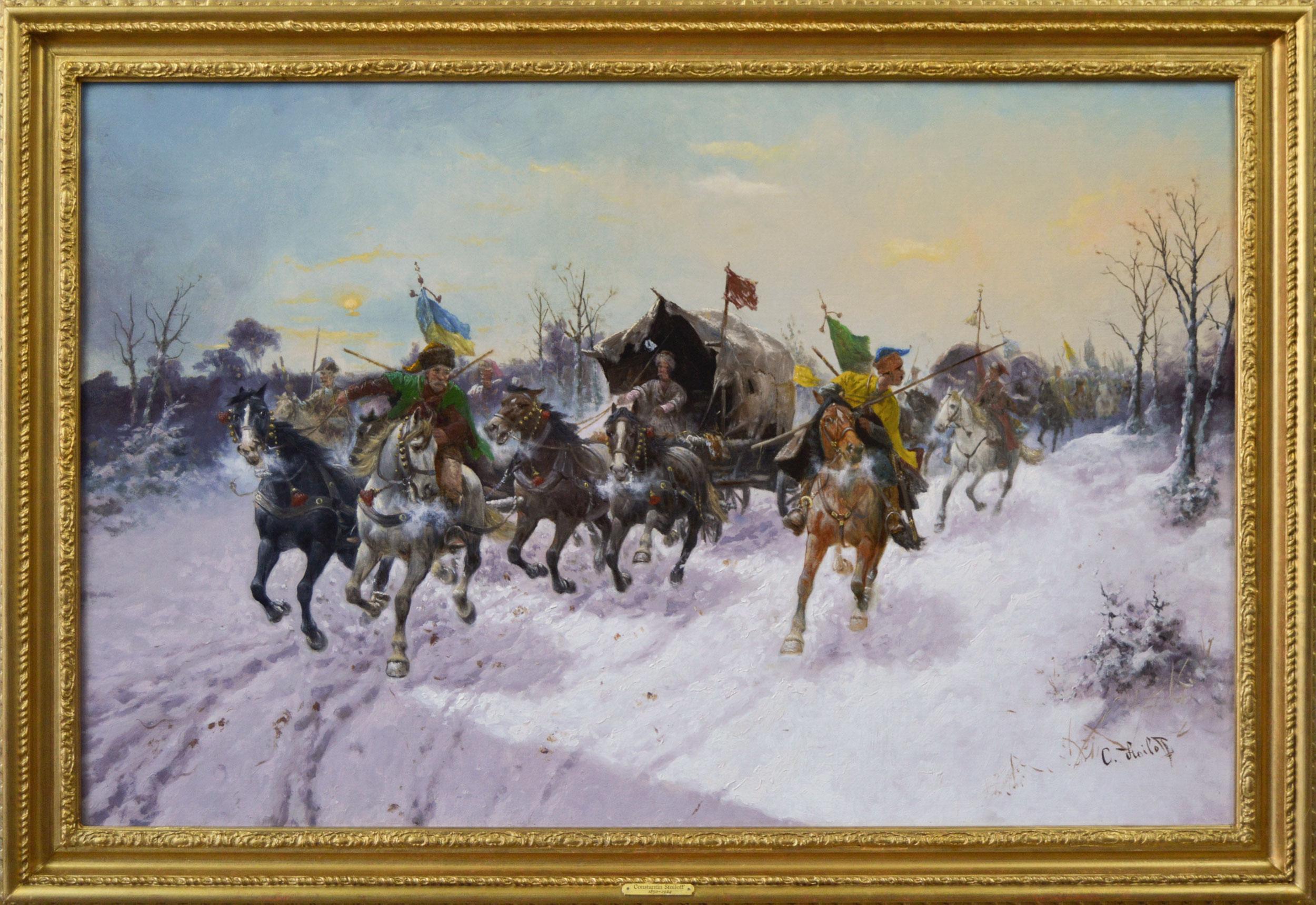 Adolf Constantin Baumgartner-Stoiloff Animal Painting - 19th Century winter landscape oil painting of a caravan with Cossacks on horses