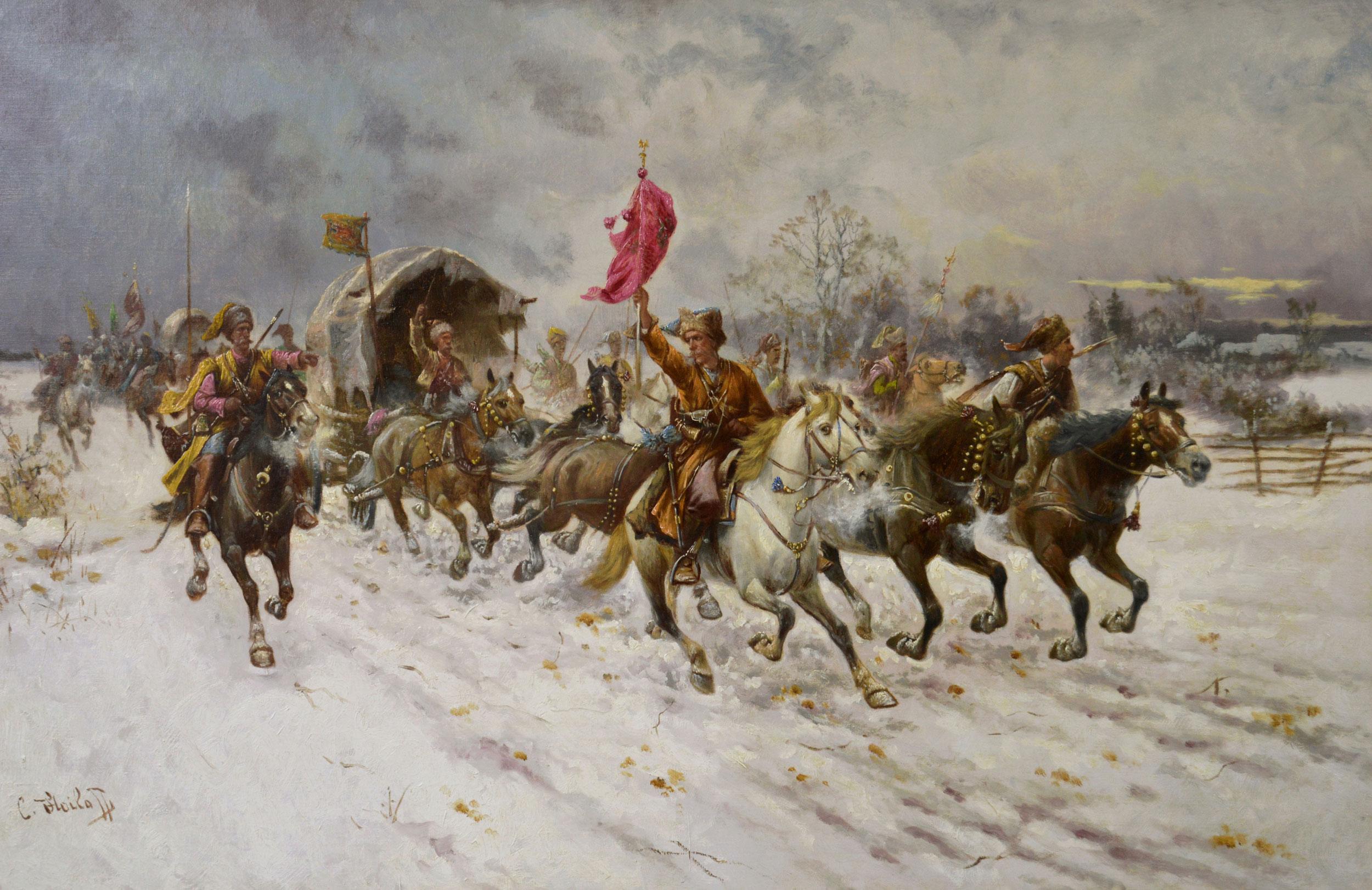 19th Century winter landscape oil painting of Cossacks on horseback - Painting by Adolf Constantin Baumgartner-Stoiloff