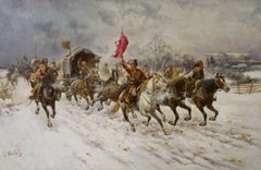 Pintura al óleo de paisaje invernal del siglo XIX de cosacos a caballo