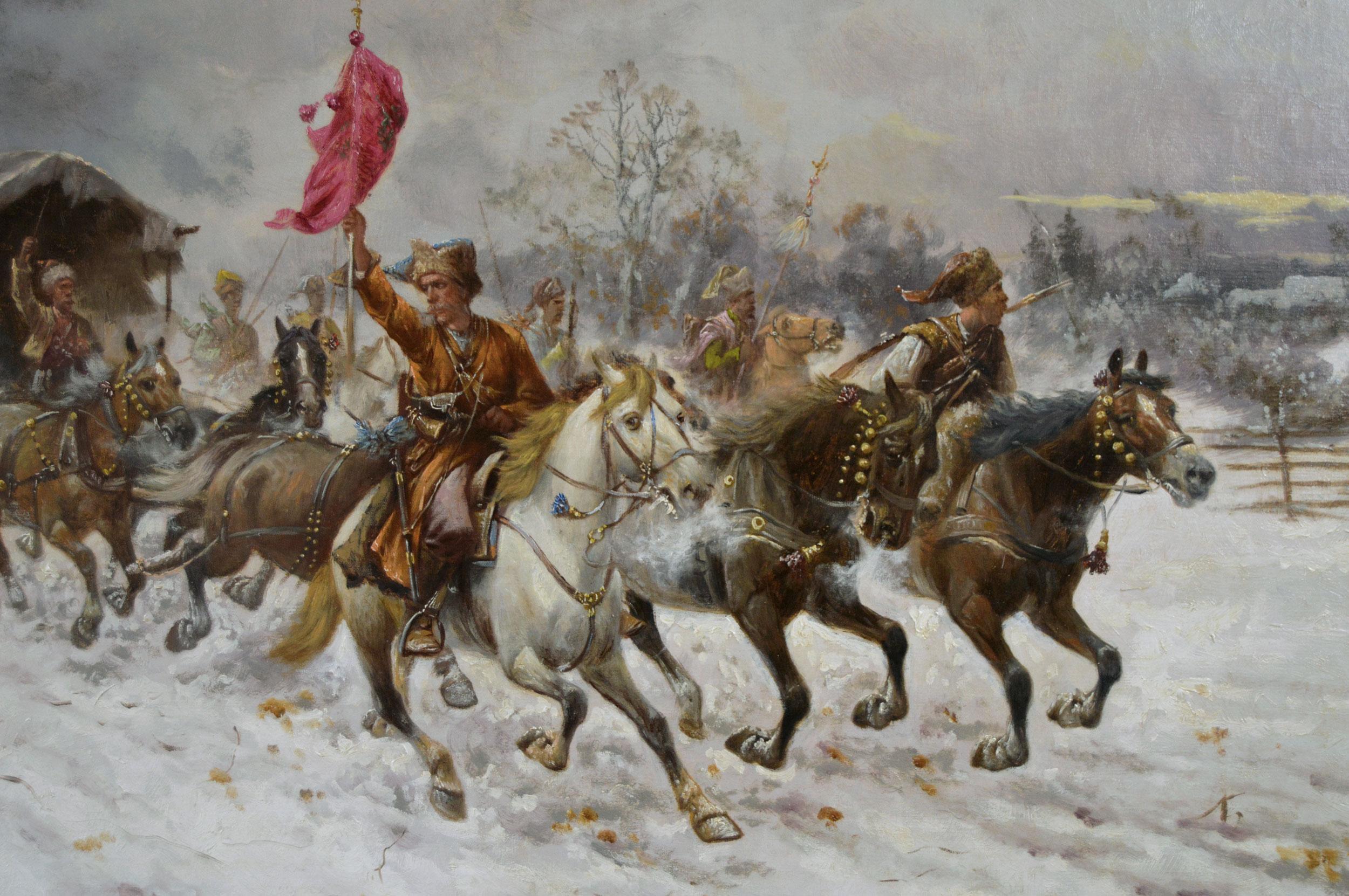 19th Century winter landscape oil painting of Cossacks on horseback - Victorian Painting by Adolf Constantin Baumgartner-Stoiloff