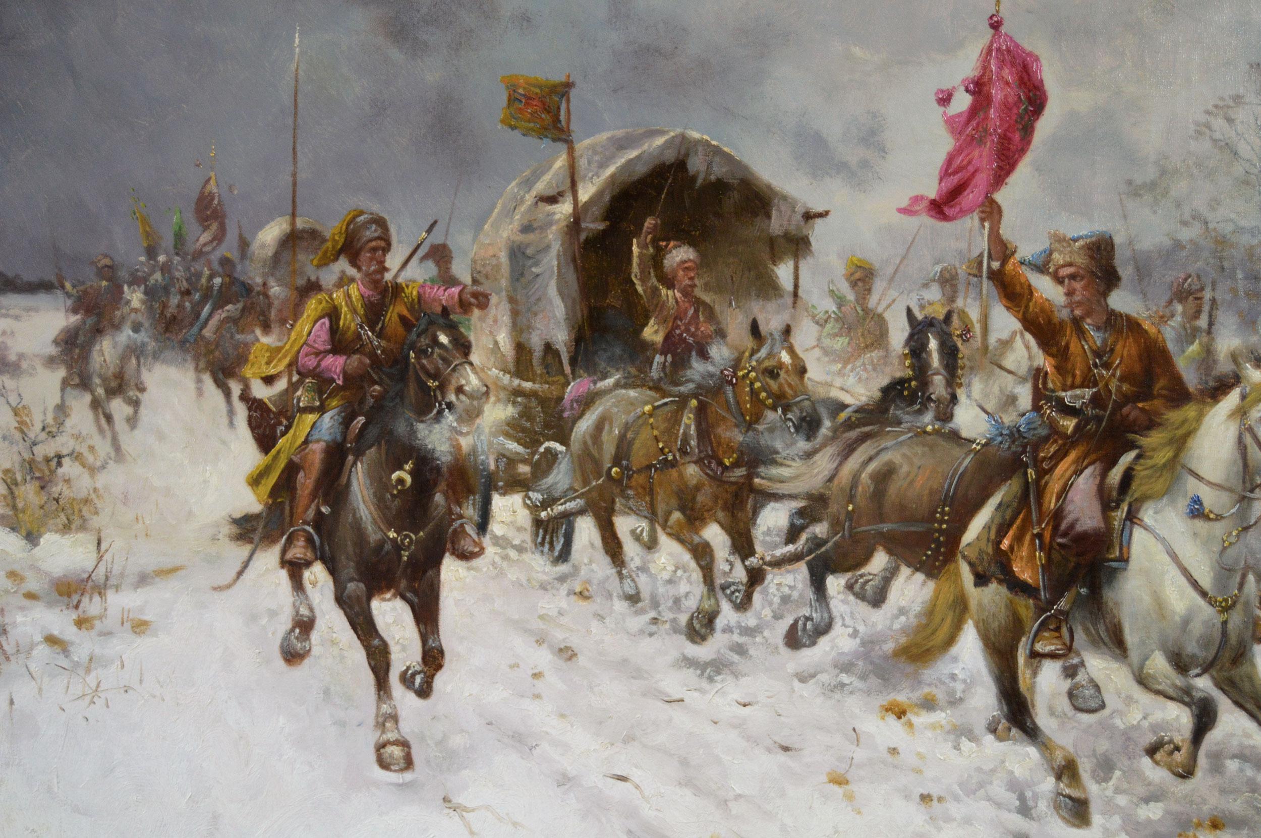 19th Century winter landscape oil painting of Cossacks on horseback  - Brown Animal Painting by Adolf Constantin Baumgartner-Stoiloff