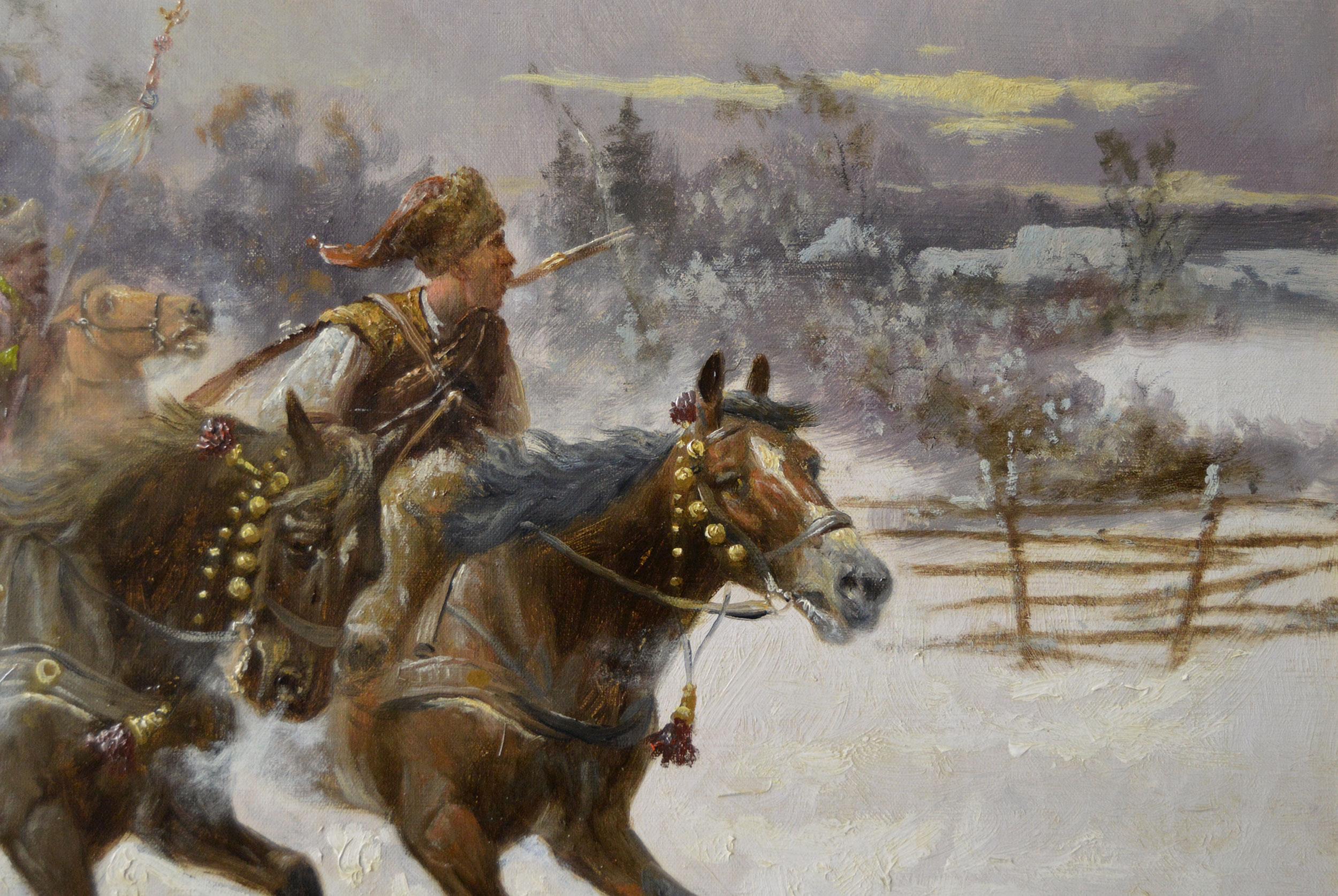 19th Century winter landscape oil painting of Cossacks on horseback  2