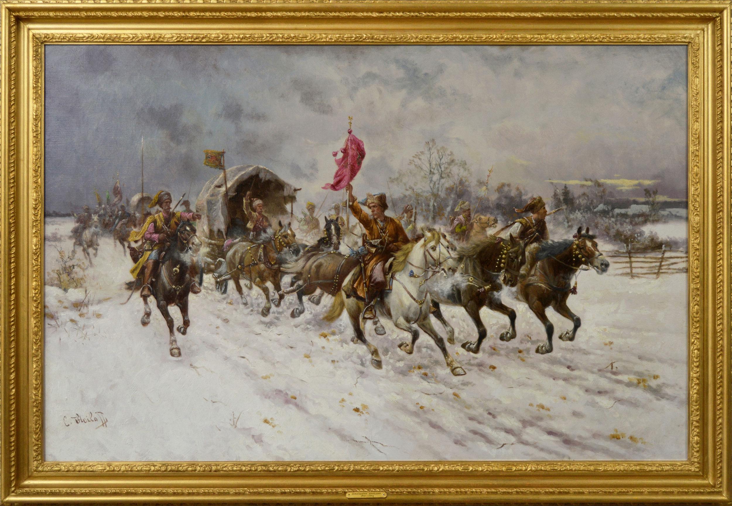 19th Century winter landscape oil painting of Cossacks on horseback 