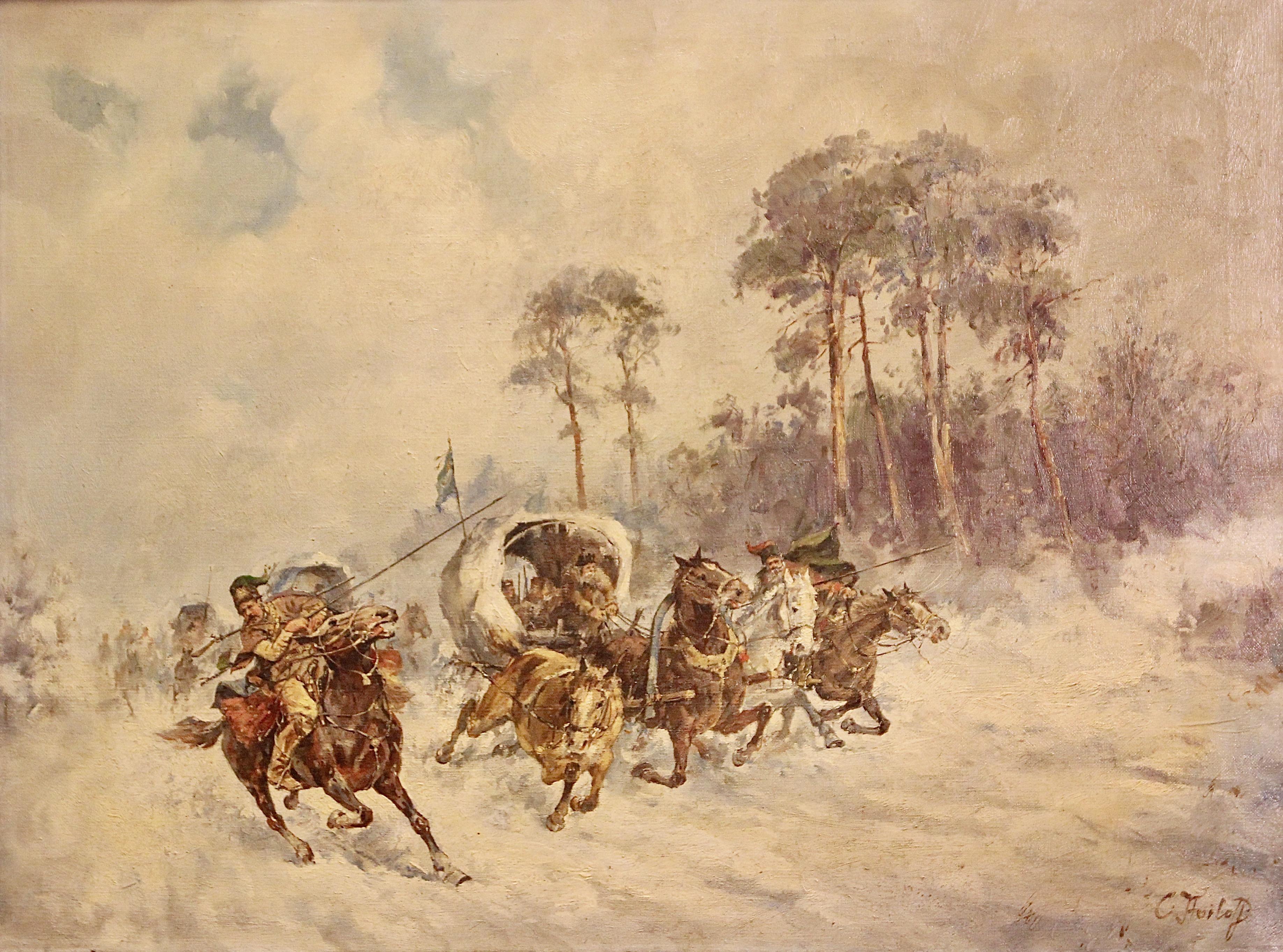 Adolf Constantin Baumgartner-Stoiloff, Winterlandschaft, russische Reiter, Cossack 1