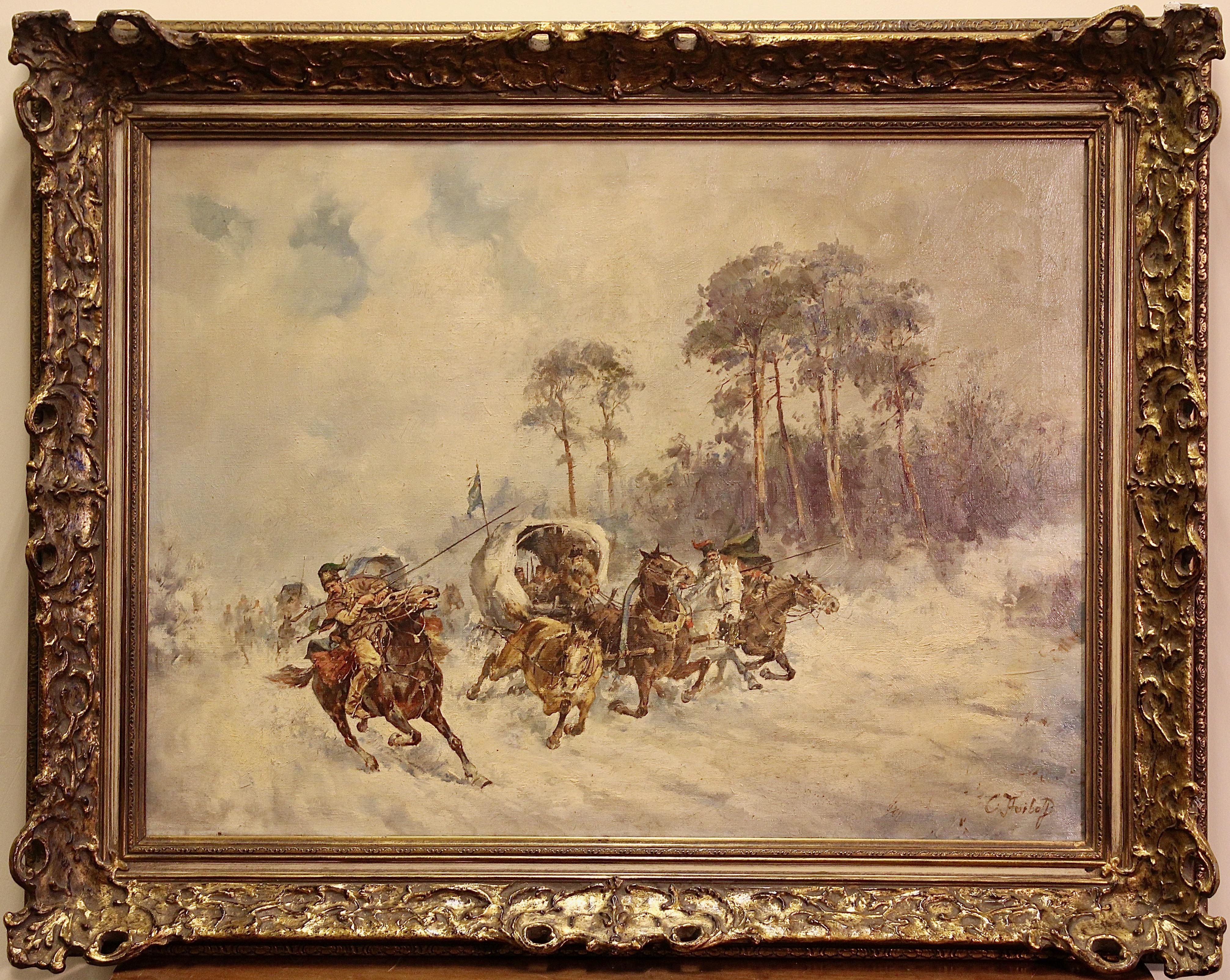Adolf Constantin Baumgartner-Stoiloff, Winter Landscape, Russian Riders, Cossack